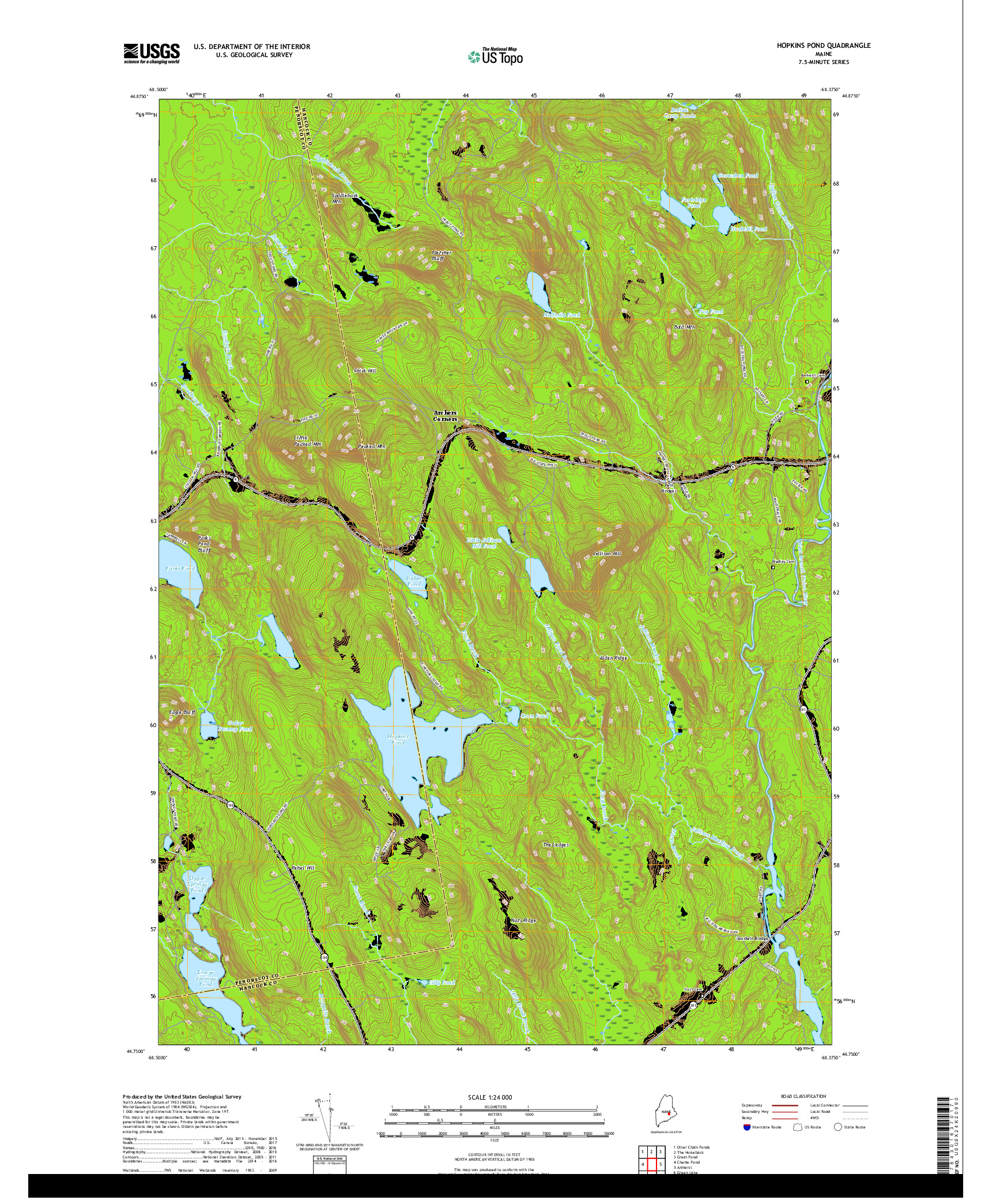 USGS US TOPO 7.5-MINUTE MAP FOR HOPKINS POND, ME 2018