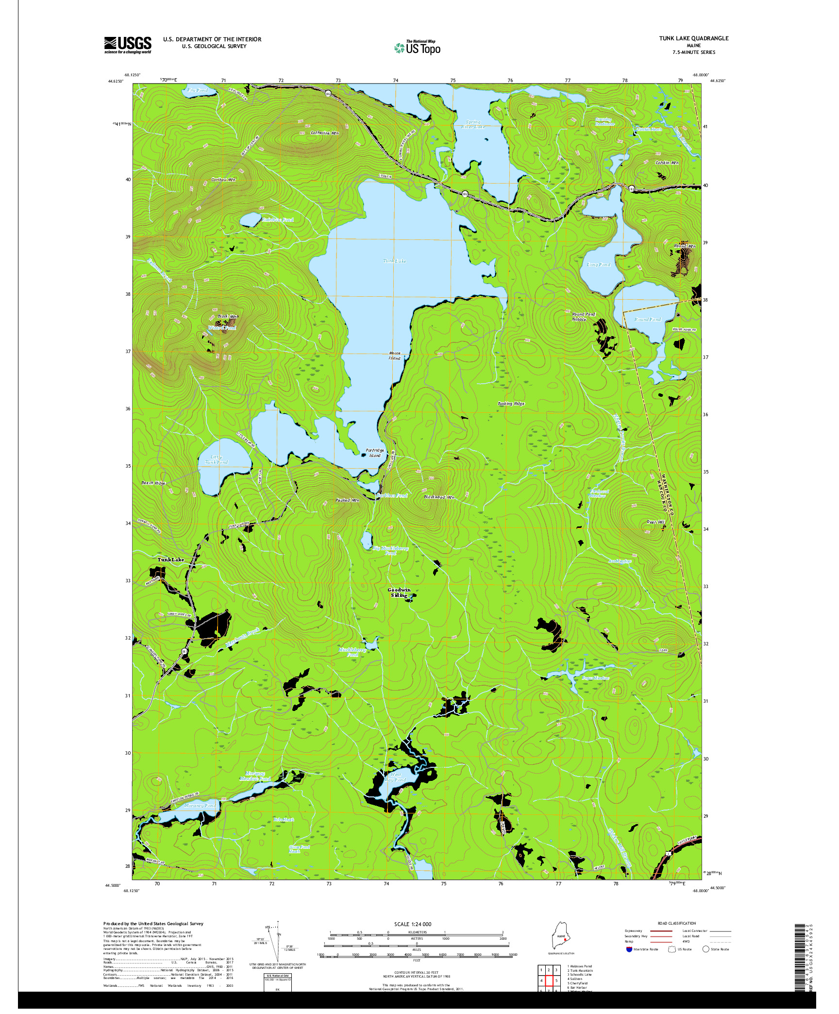 USGS US TOPO 7.5-MINUTE MAP FOR TUNK LAKE, ME 2018