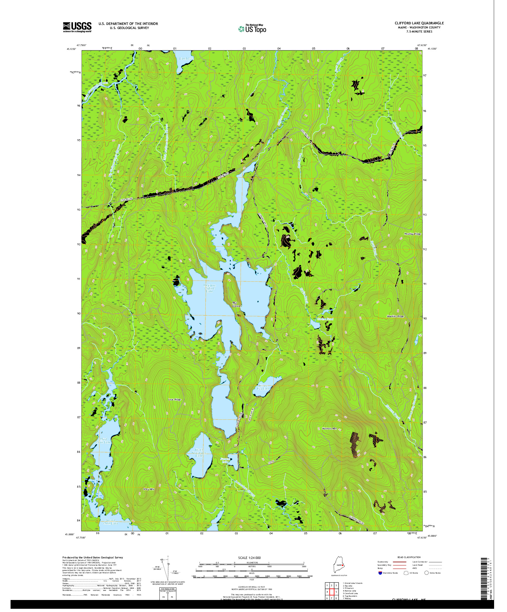 USGS US TOPO 7.5-MINUTE MAP FOR CLIFFORD LAKE, ME 2018