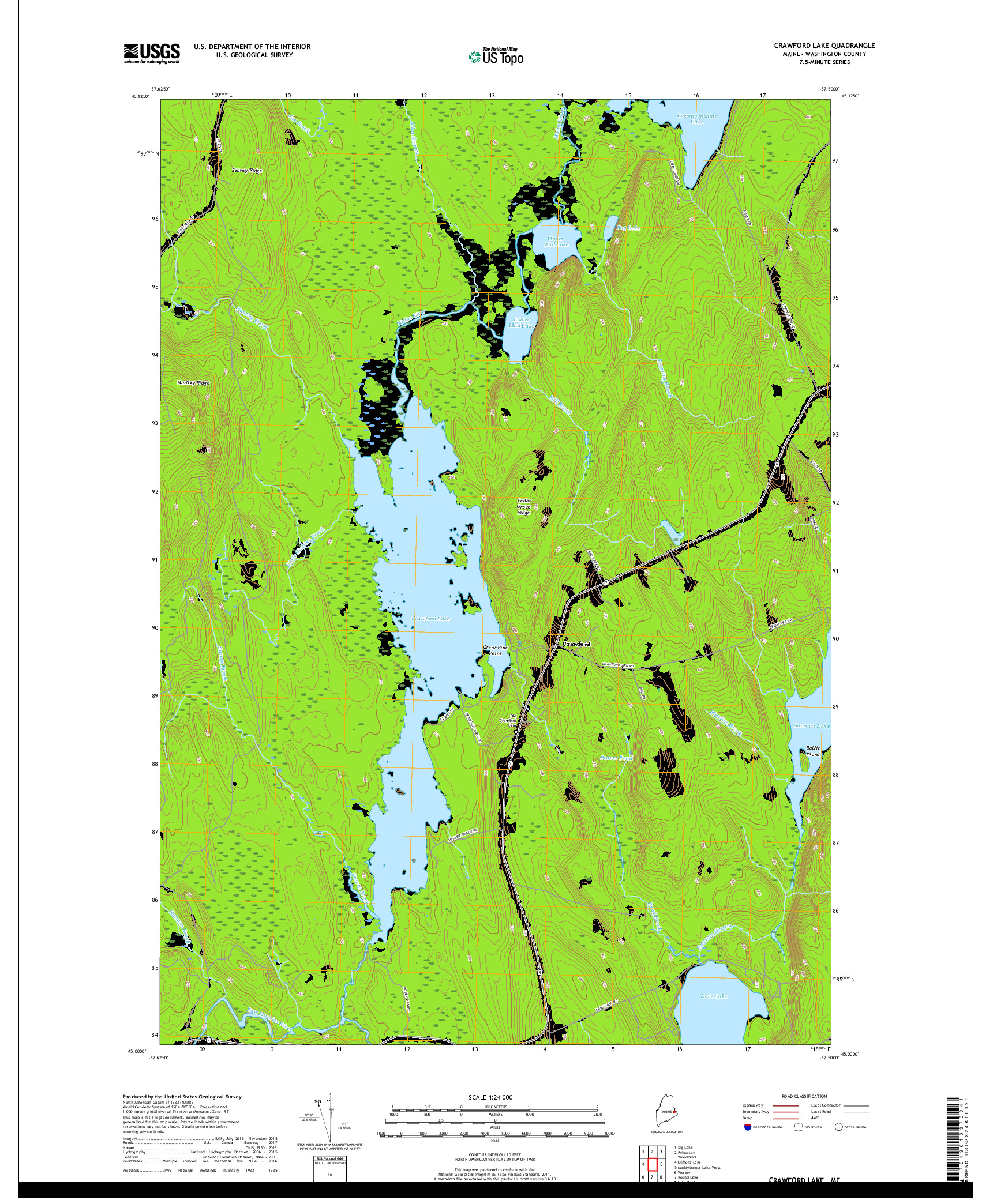 USGS US TOPO 7.5-MINUTE MAP FOR CRAWFORD LAKE, ME 2018