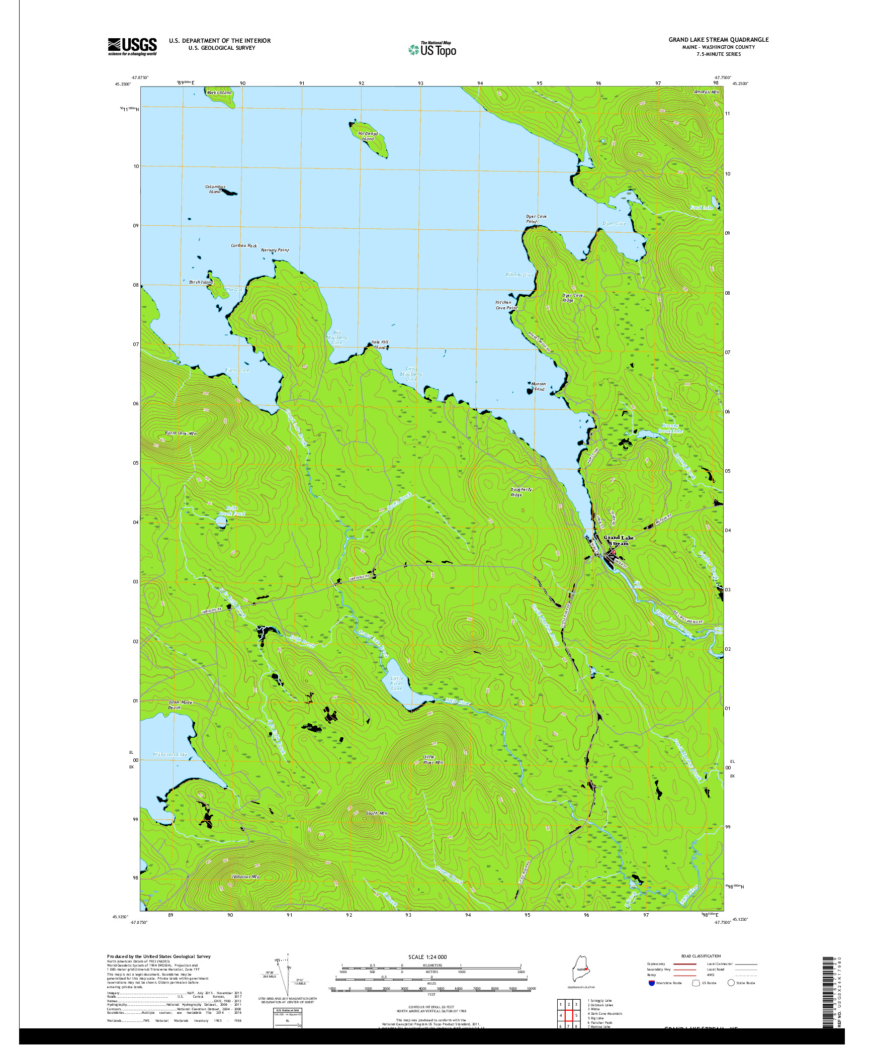 USGS US TOPO 7.5-MINUTE MAP FOR GRAND LAKE STREAM, ME 2018