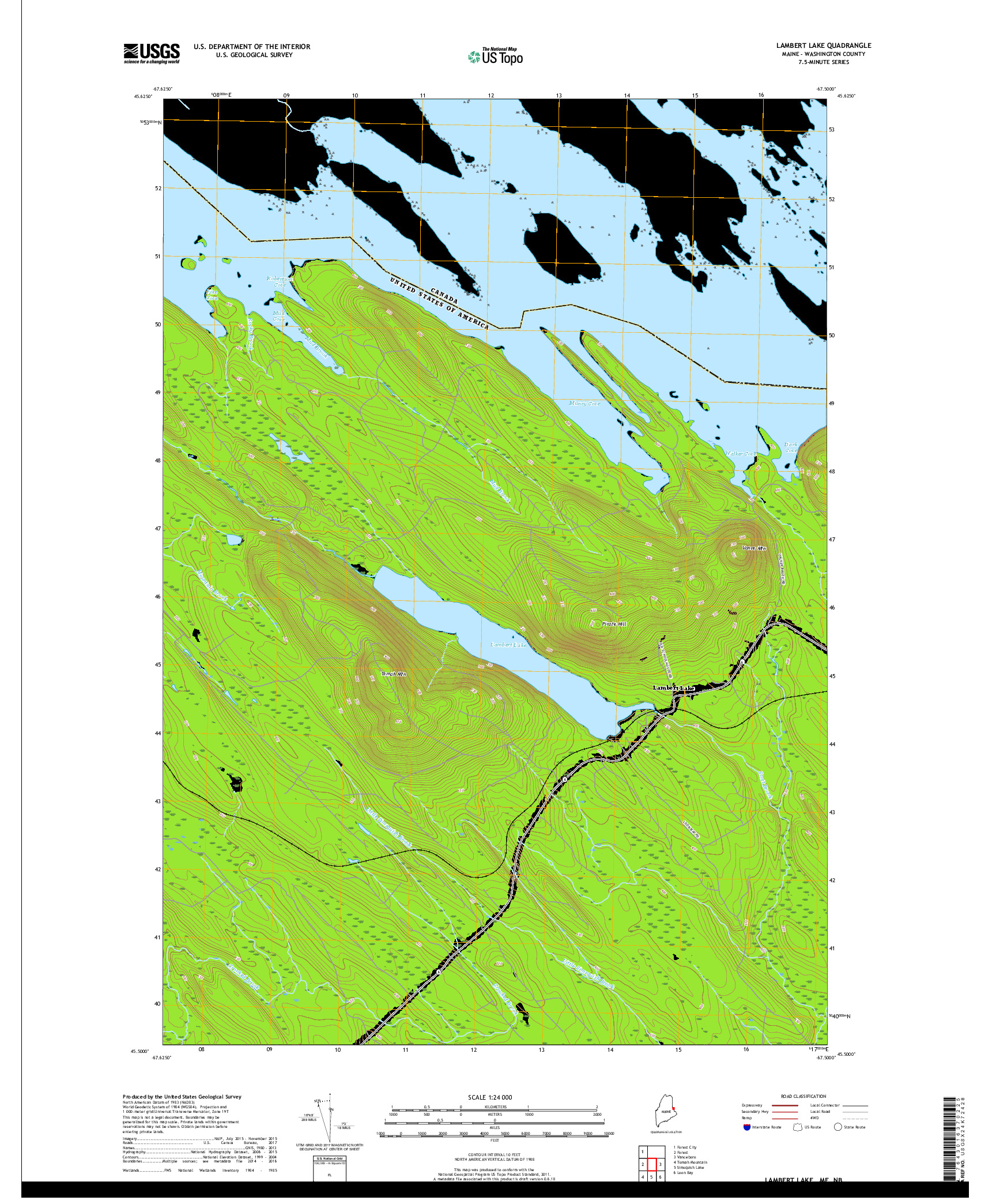 USGS US TOPO 7.5-MINUTE MAP FOR LAMBERT LAKE, ME,NB 2018