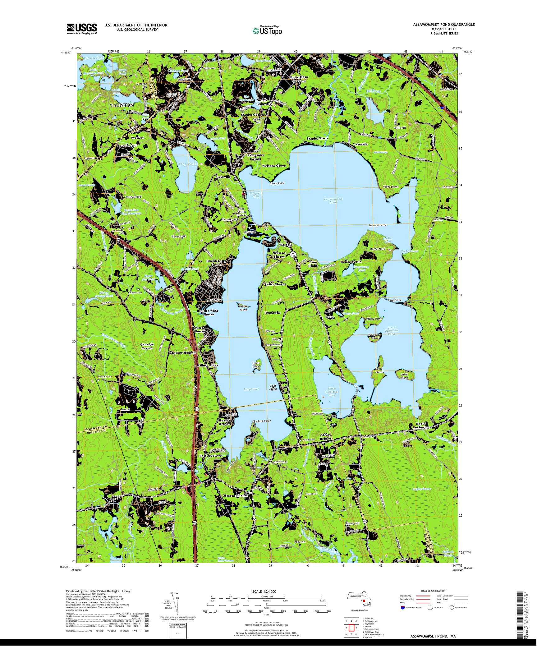 USGS US TOPO 7.5-MINUTE MAP FOR ASSAWOMPSET POND, MA 2018