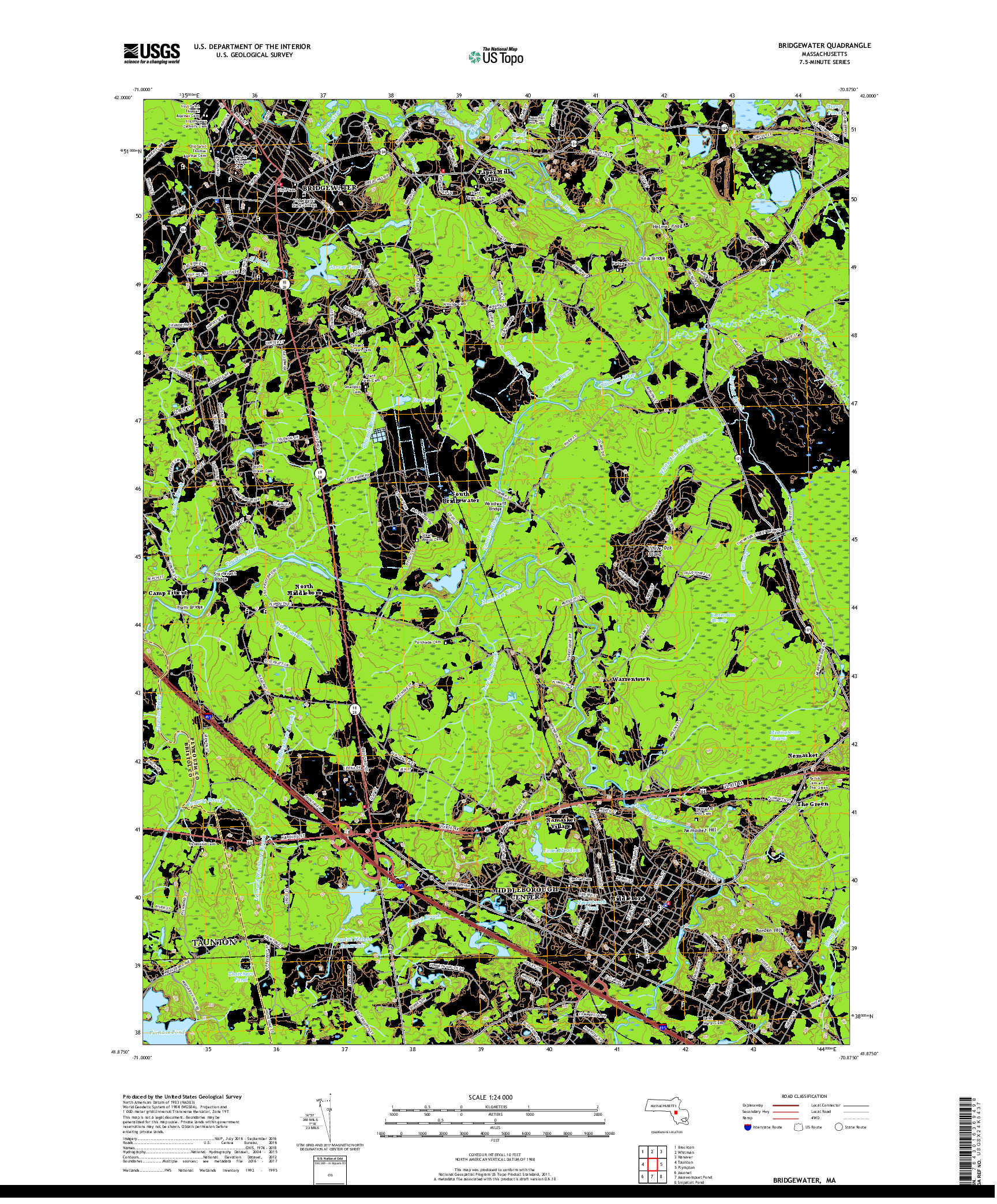 USGS US TOPO 7.5-MINUTE MAP FOR BRIDGEWATER, MA 2018