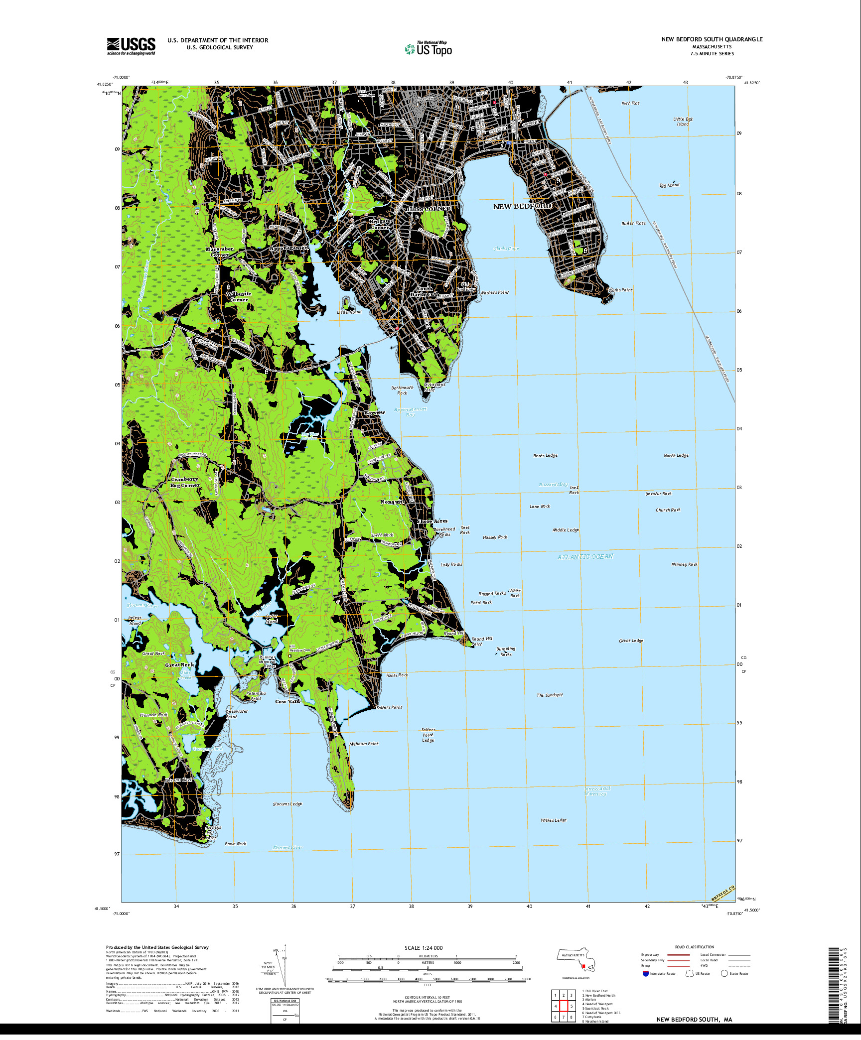 USGS US TOPO 7.5-MINUTE MAP FOR NEW BEDFORD SOUTH, MA 2018