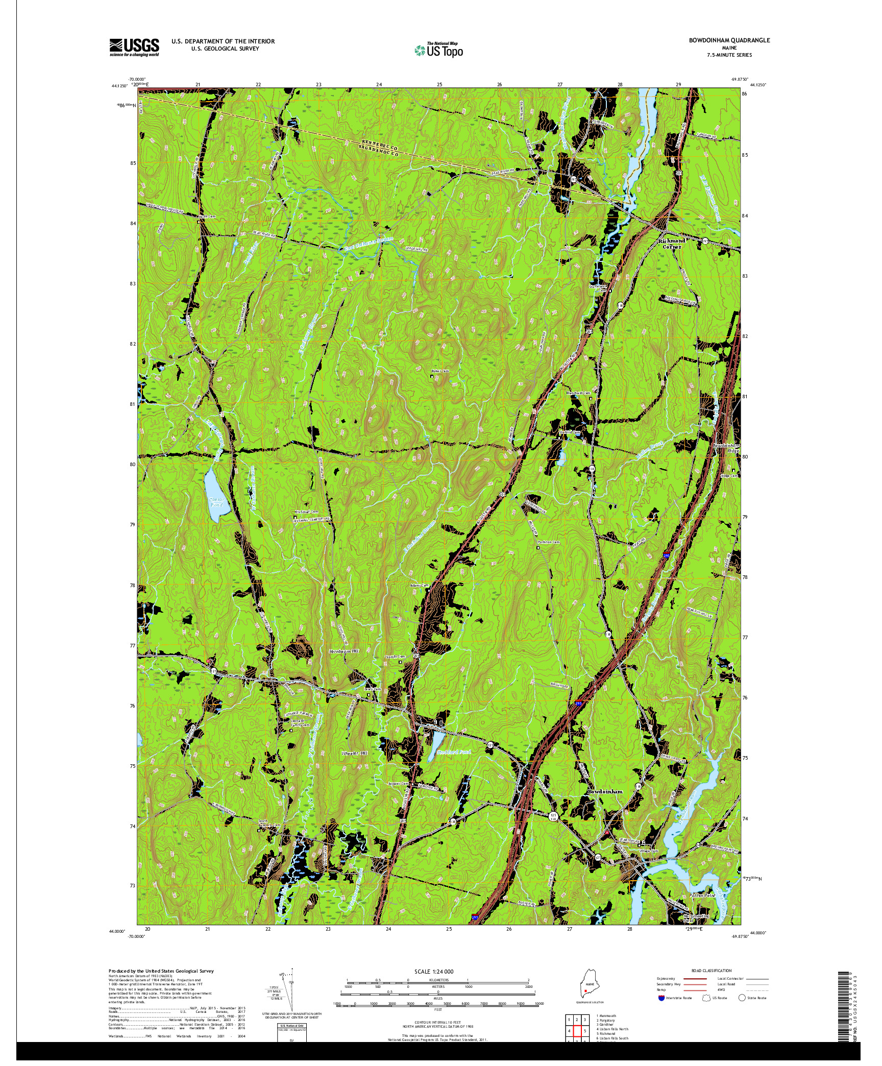 USGS US TOPO 7.5-MINUTE MAP FOR BOWDOINHAM, ME 2018