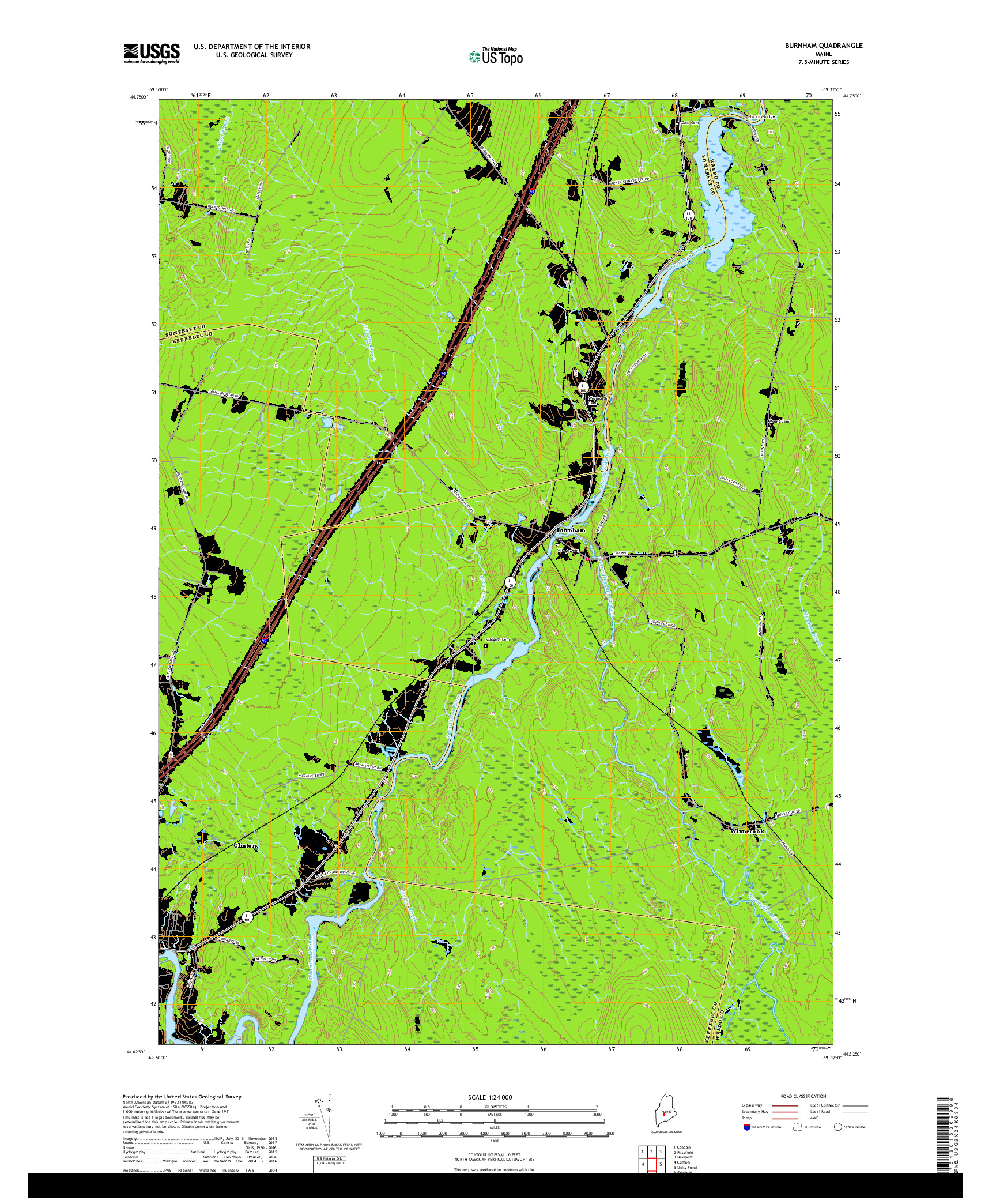 USGS US TOPO 7.5-MINUTE MAP FOR BURNHAM, ME 2018