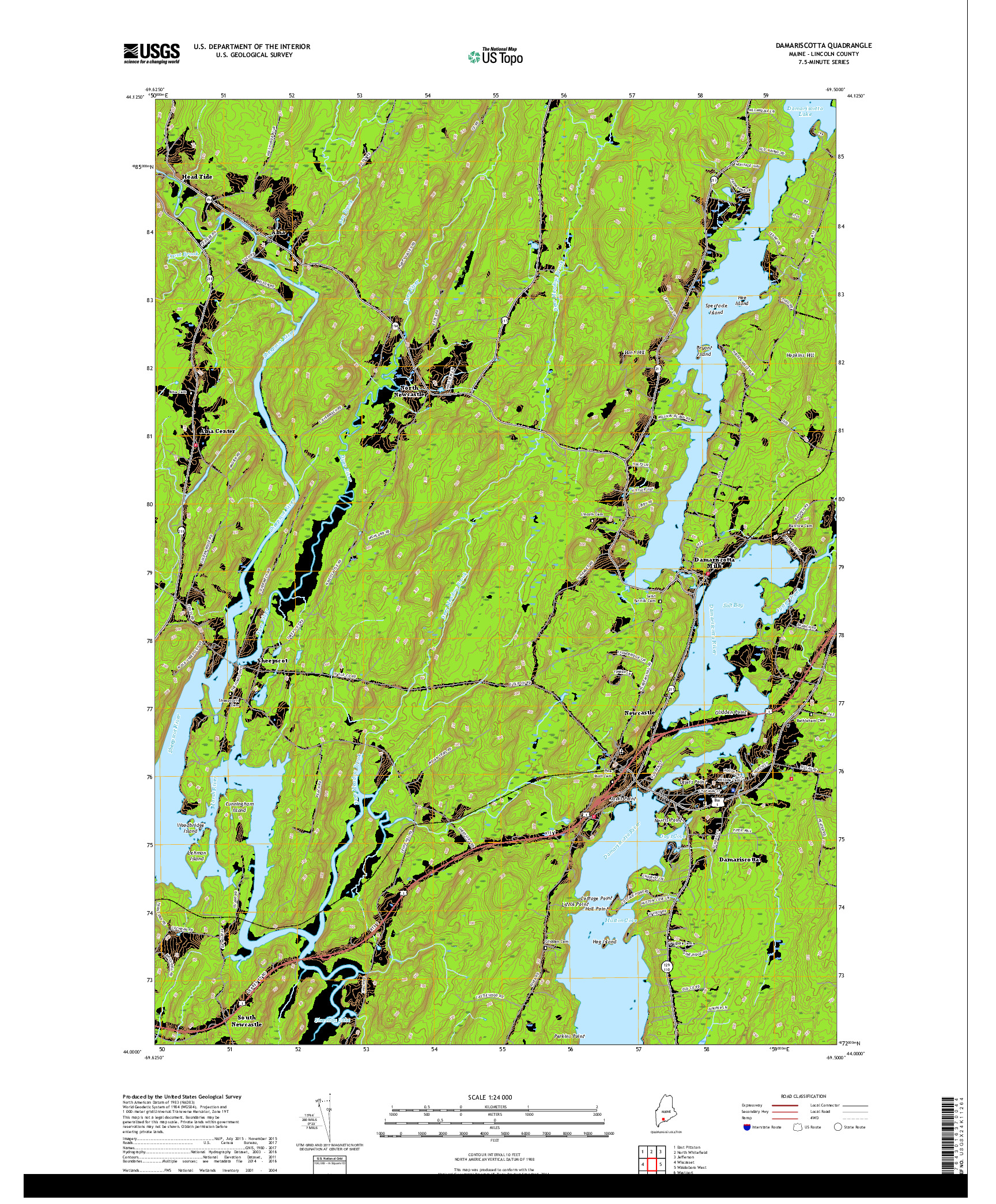 USGS US TOPO 7.5-MINUTE MAP FOR DAMARISCOTTA, ME 2018