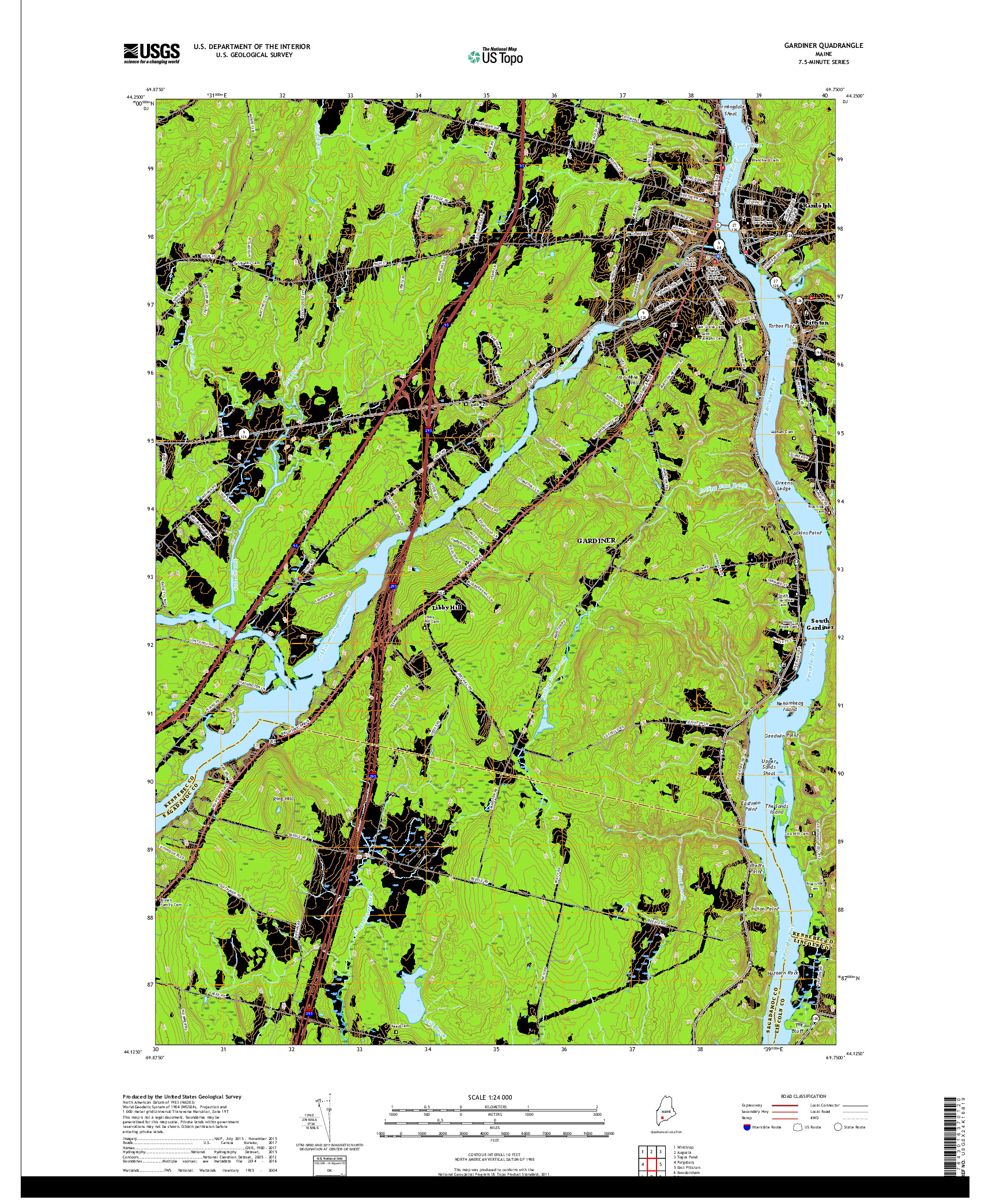 USGS US TOPO 7.5-MINUTE MAP FOR GARDINER, ME 2018