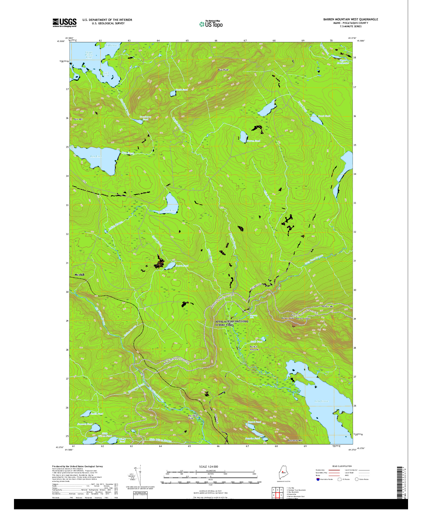 USGS US TOPO 7.5-MINUTE MAP FOR BARREN MOUNTAIN WEST, ME 2018