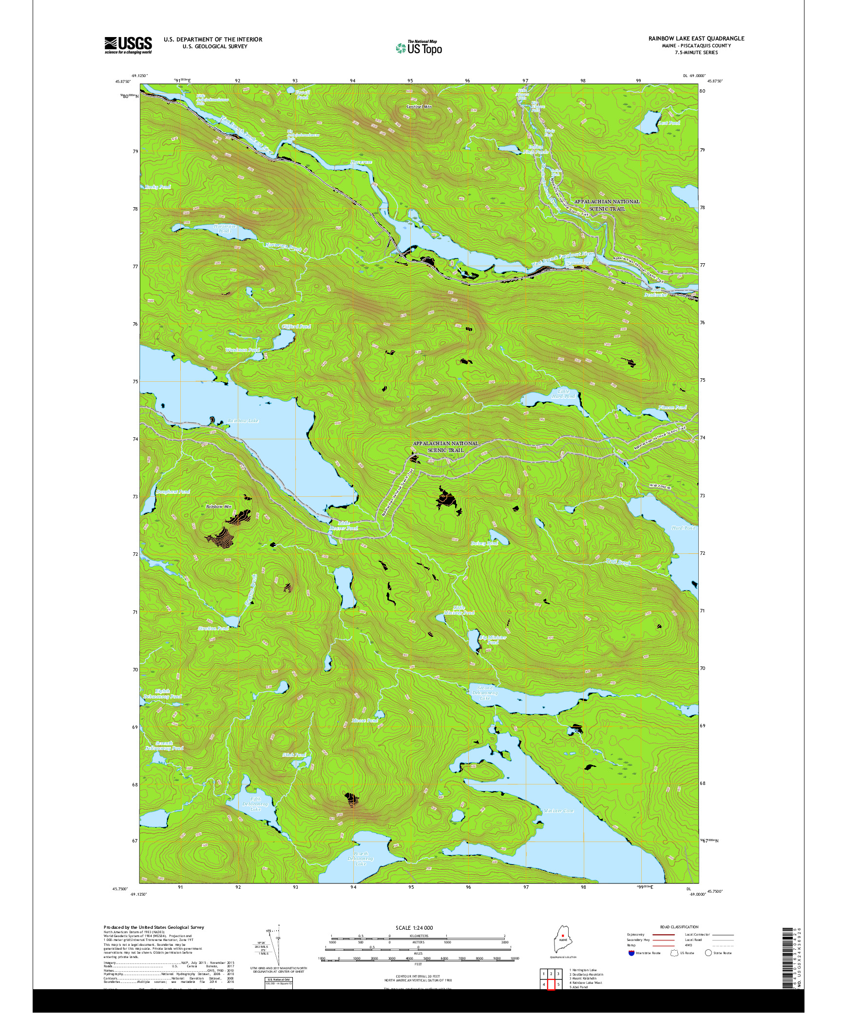 USGS US TOPO 7.5-MINUTE MAP FOR RAINBOW LAKE EAST, ME 2018