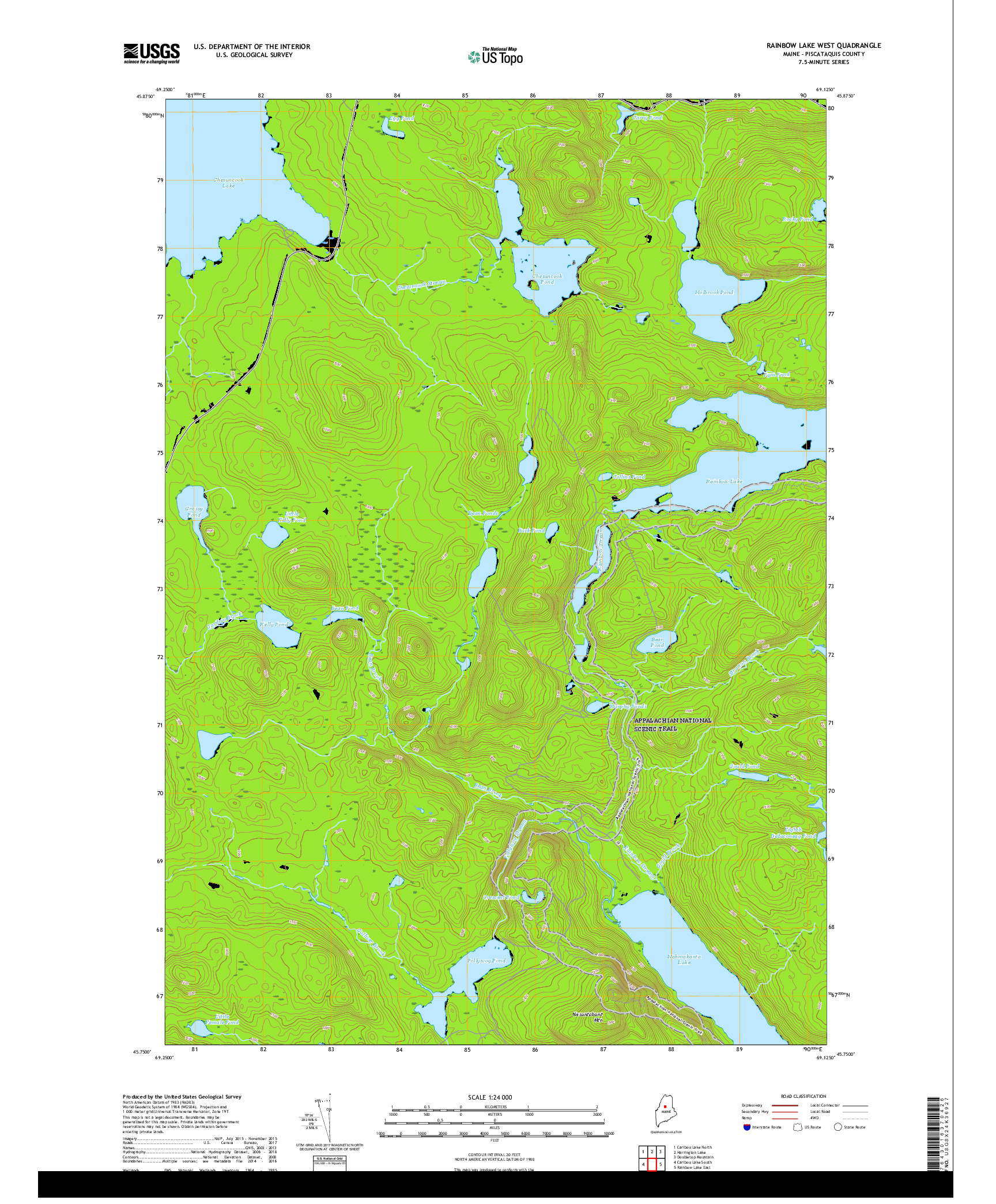 USGS US TOPO 7.5-MINUTE MAP FOR RAINBOW LAKE WEST, ME 2018