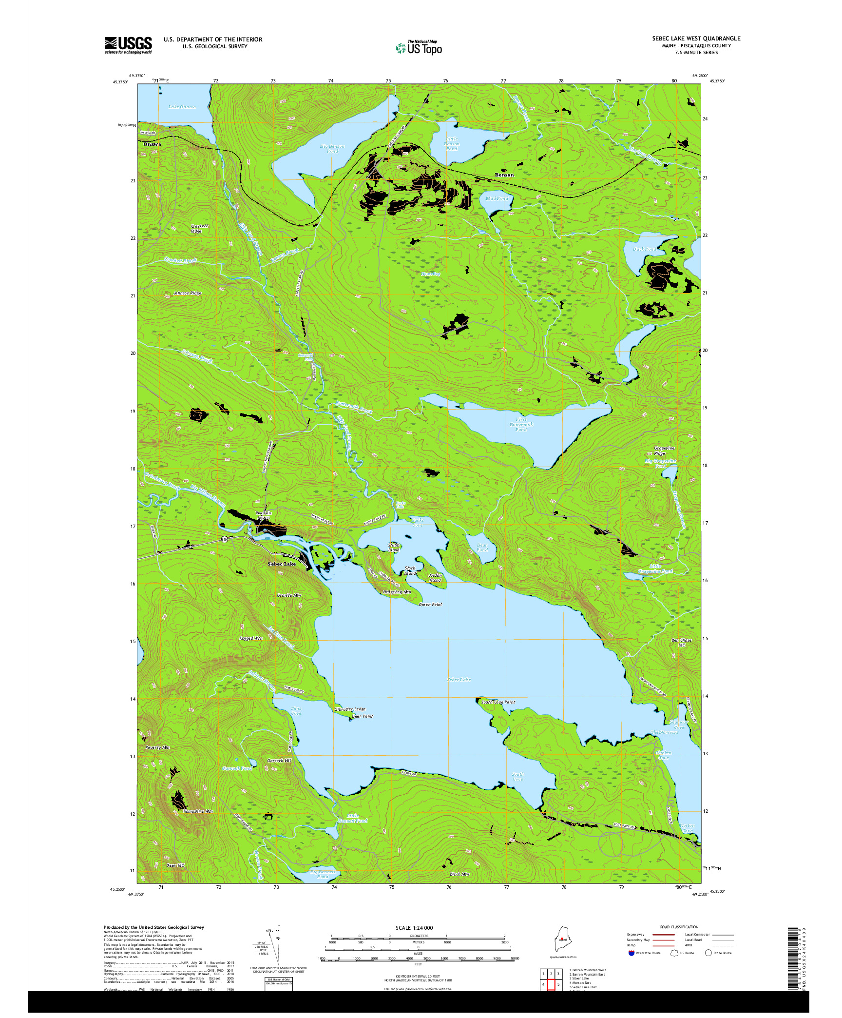 USGS US TOPO 7.5-MINUTE MAP FOR SEBEC LAKE WEST, ME 2018