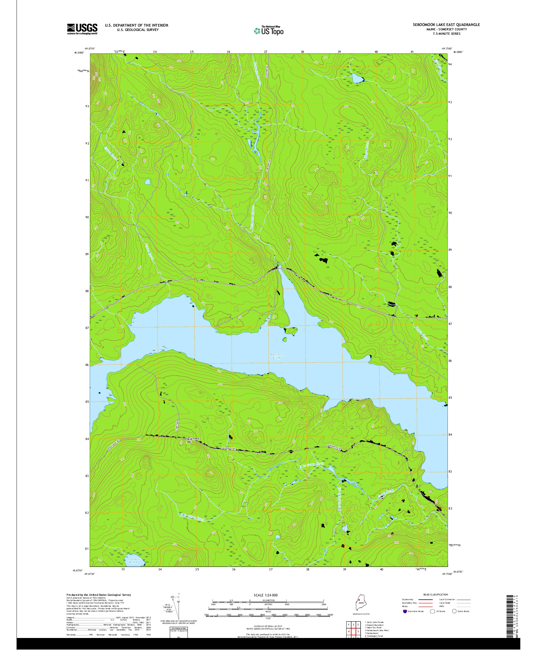 USGS US TOPO 7.5-MINUTE MAP FOR SEBOOMOOK LAKE EAST, ME 2018