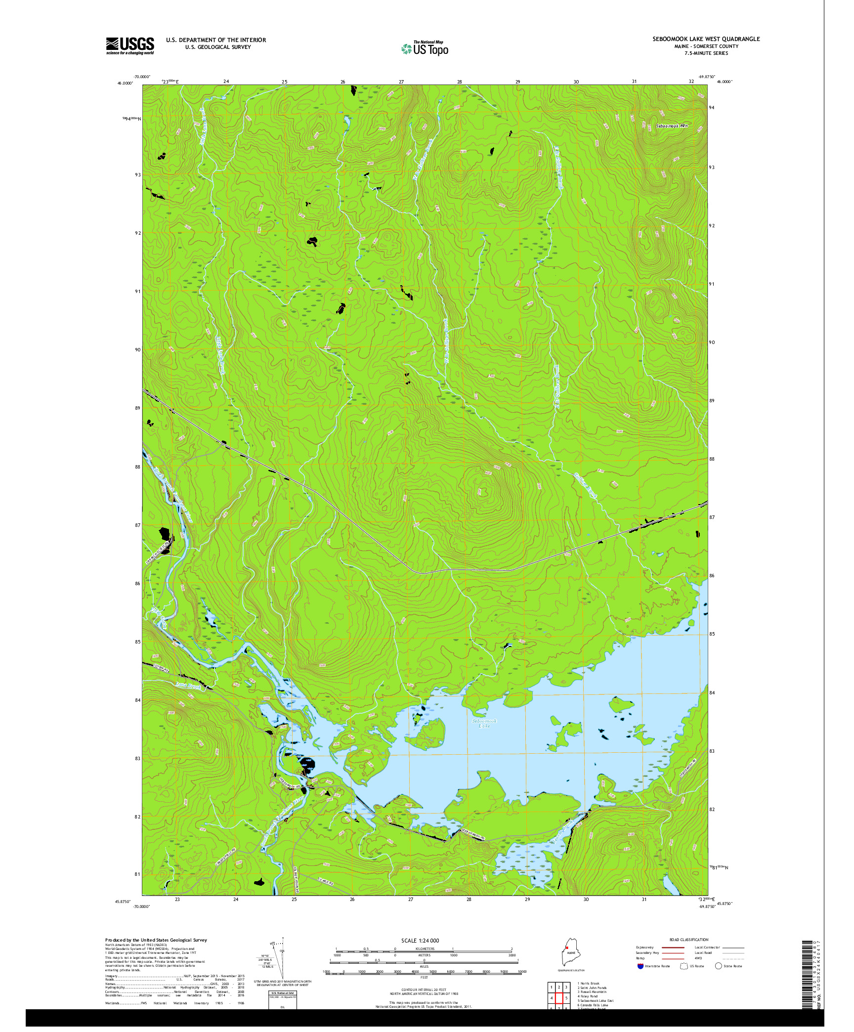 USGS US TOPO 7.5-MINUTE MAP FOR SEBOOMOOK LAKE WEST, ME 2018