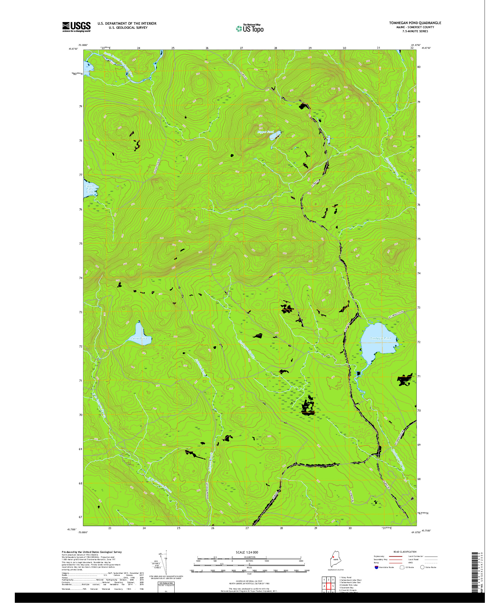 USGS US TOPO 7.5-MINUTE MAP FOR TOMHEGAN POND, ME 2018