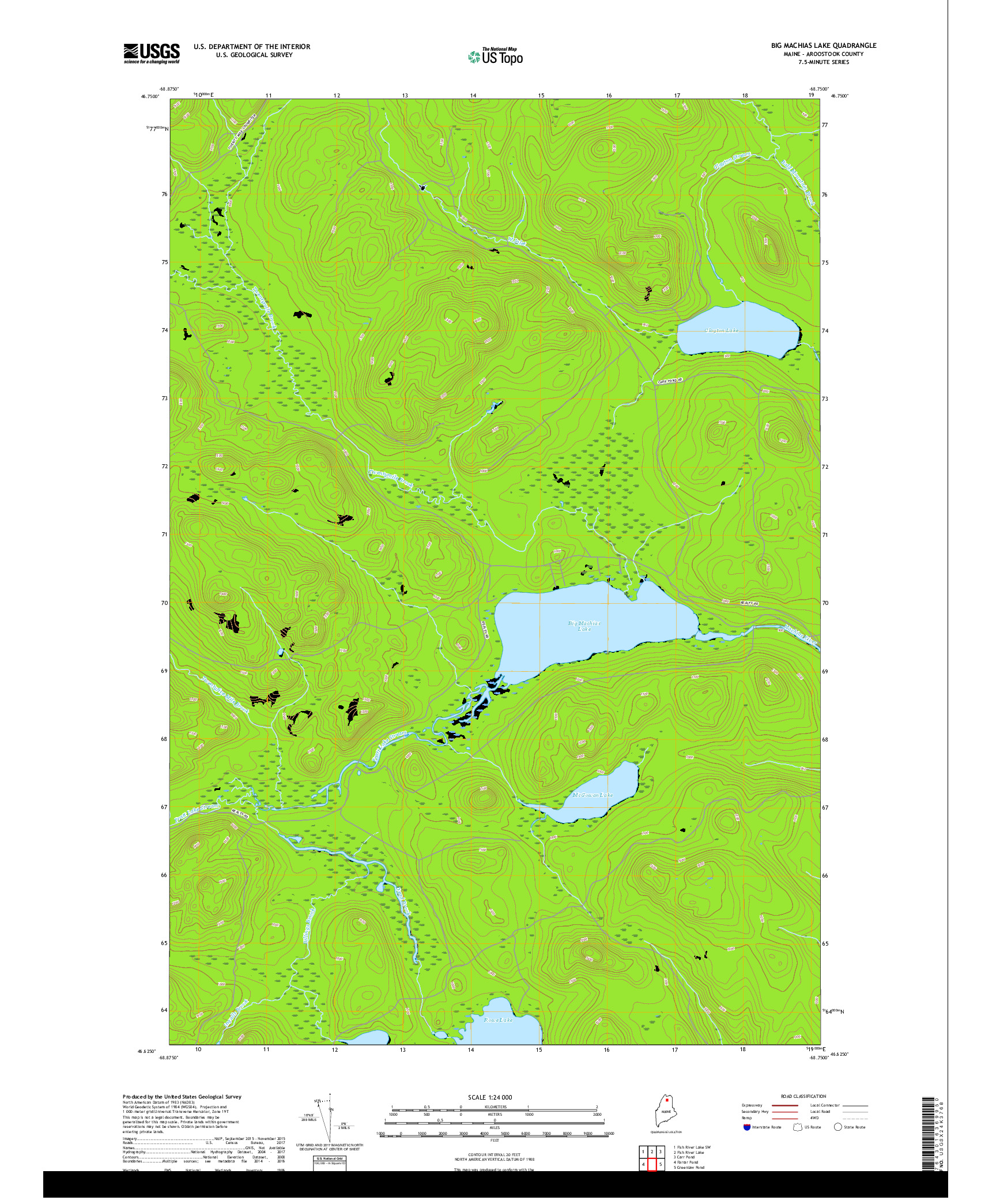 USGS US TOPO 7.5-MINUTE MAP FOR BIG MACHIAS LAKE, ME 2018