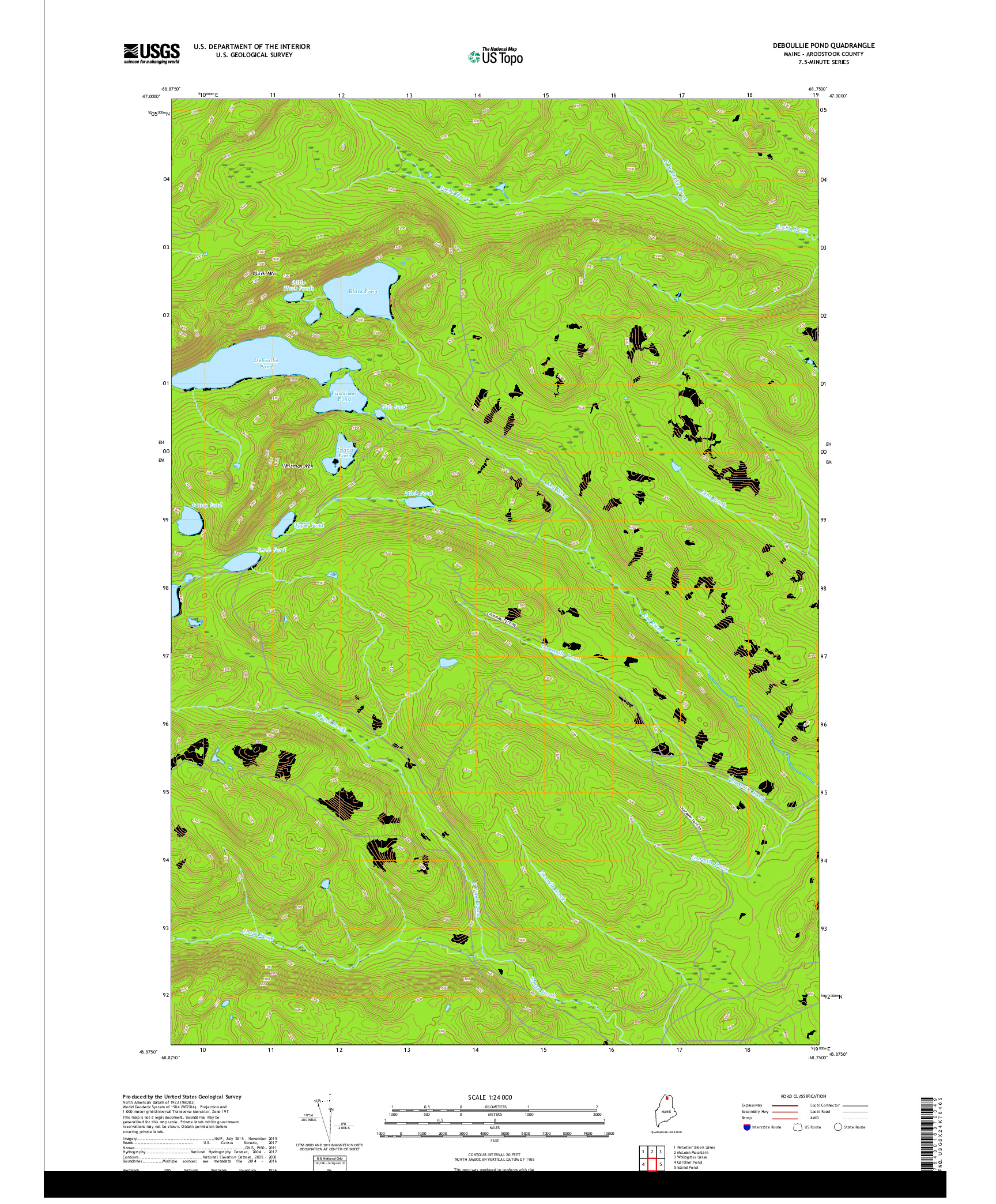 USGS US TOPO 7.5-MINUTE MAP FOR DEBOULLIE POND, ME 2018