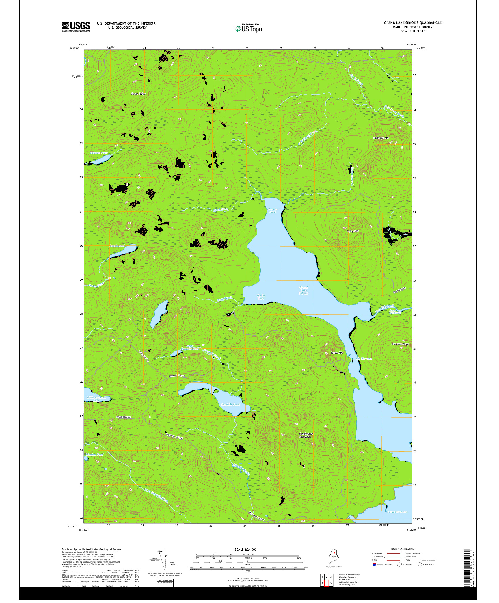 USGS US TOPO 7.5-MINUTE MAP FOR GRAND LAKE SEBOEIS, ME 2018