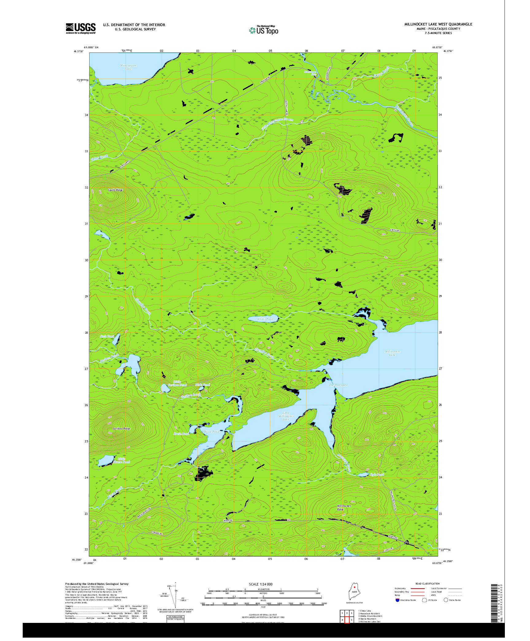 USGS US TOPO 7.5-MINUTE MAP FOR MILLINOCKET LAKE WEST, ME 2018