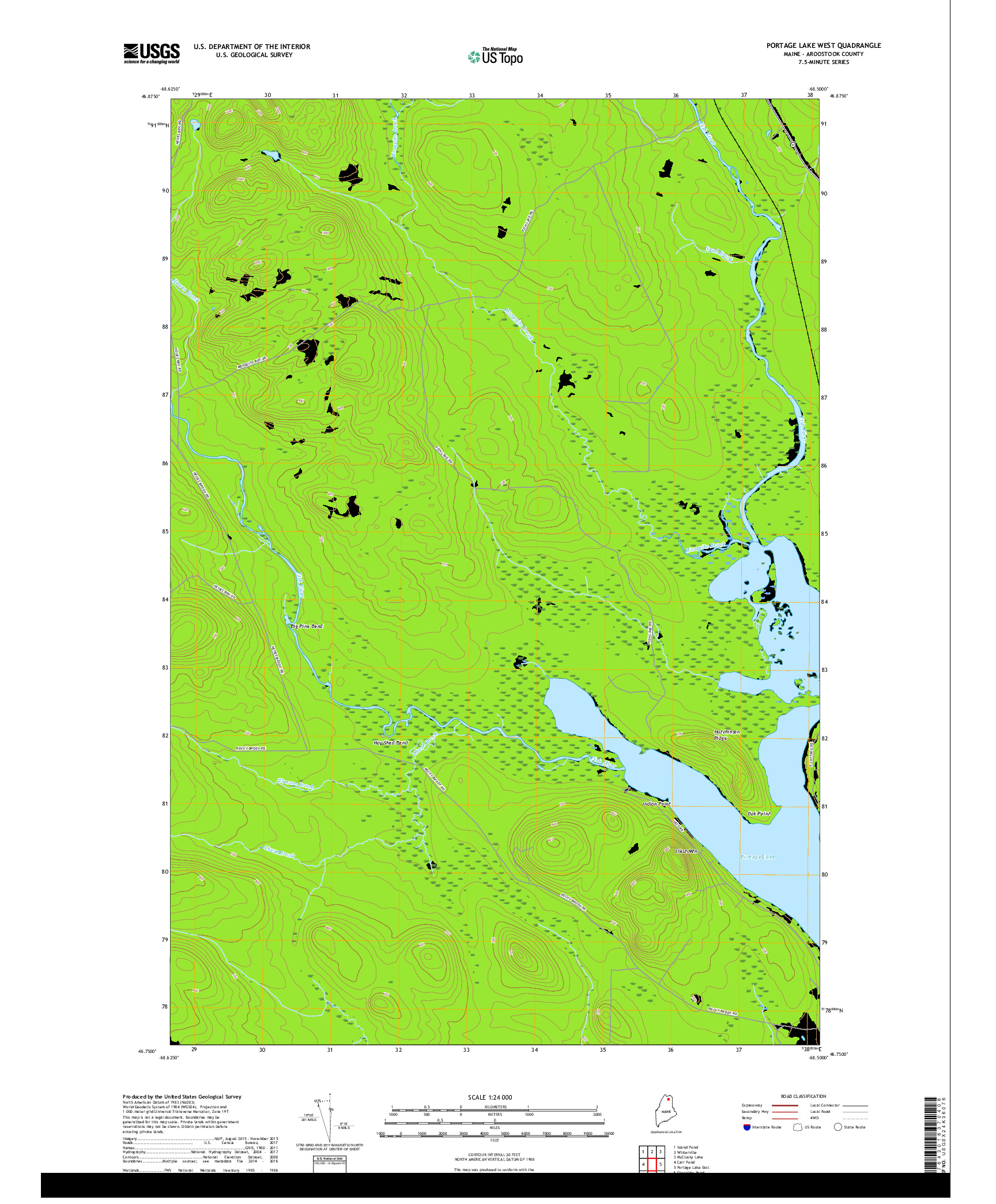USGS US TOPO 7.5-MINUTE MAP FOR PORTAGE LAKE WEST, ME 2018