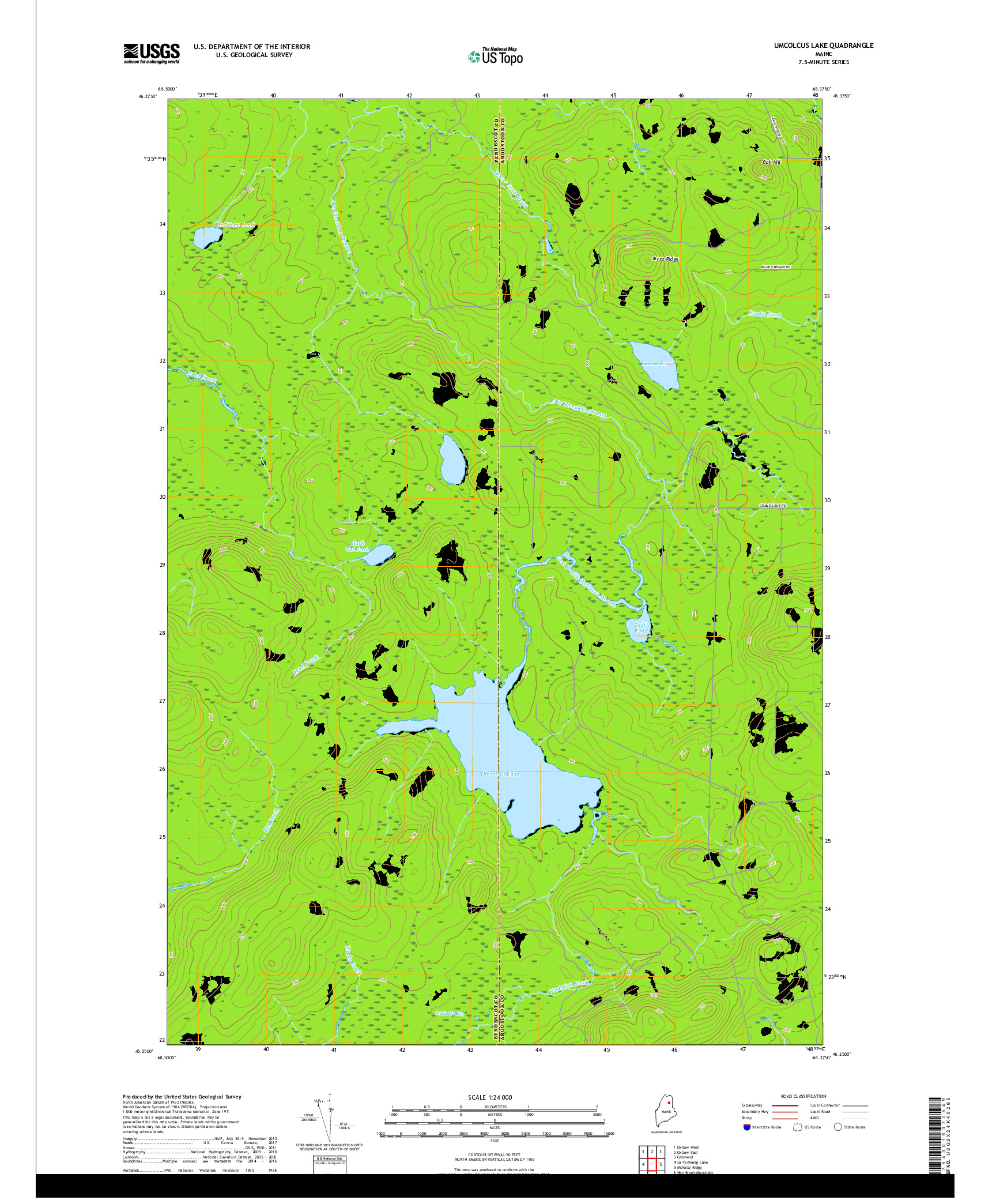 USGS US TOPO 7.5-MINUTE MAP FOR UMCOLCUS LAKE, ME 2018