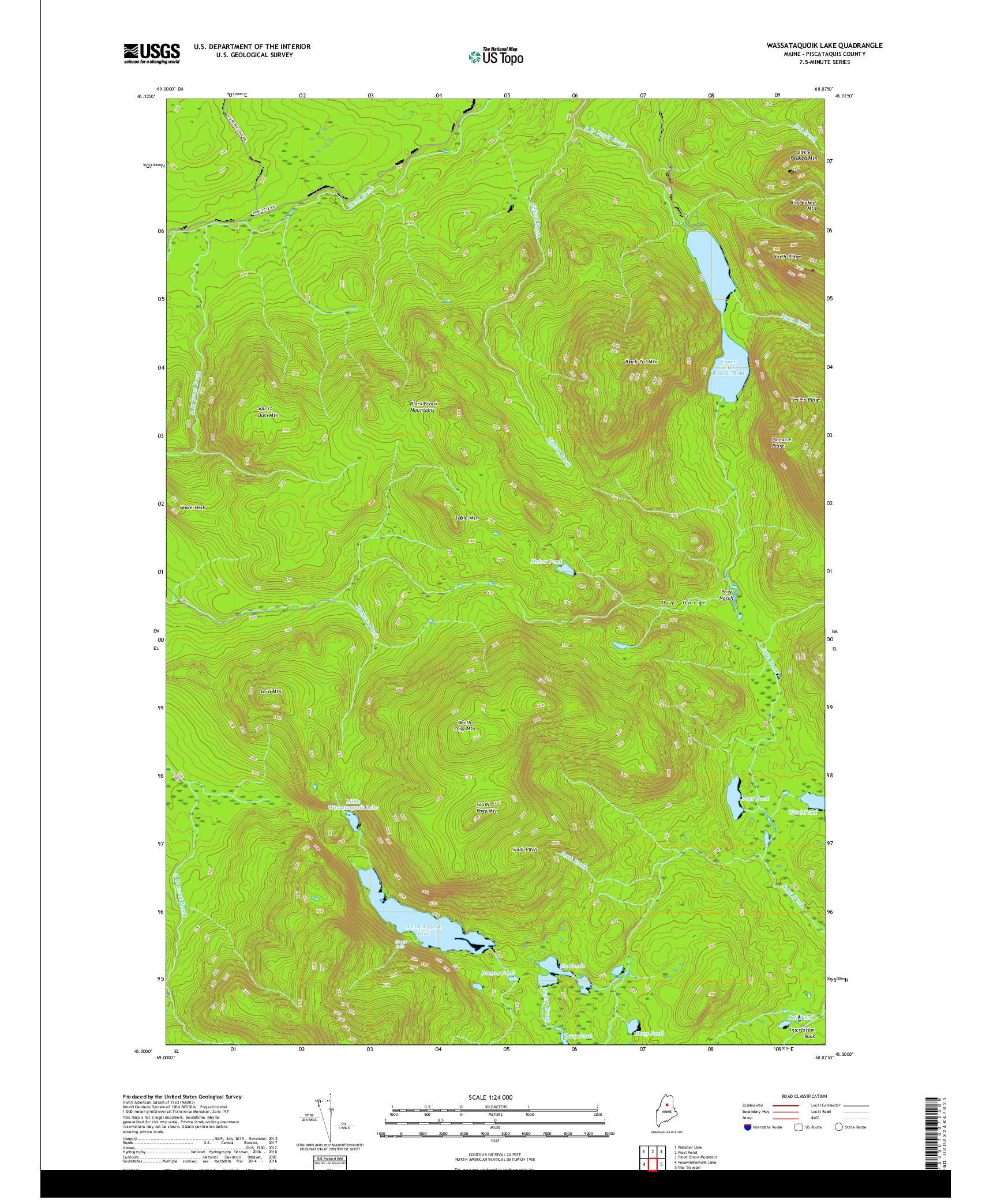 USGS US TOPO 7.5-MINUTE MAP FOR WASSATAQUOIK LAKE, ME 2018