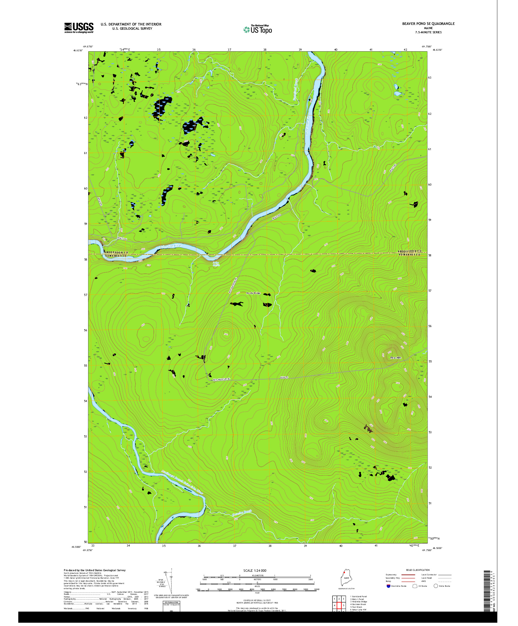 USGS US TOPO 7.5-MINUTE MAP FOR BEAVER POND SE, ME 2018