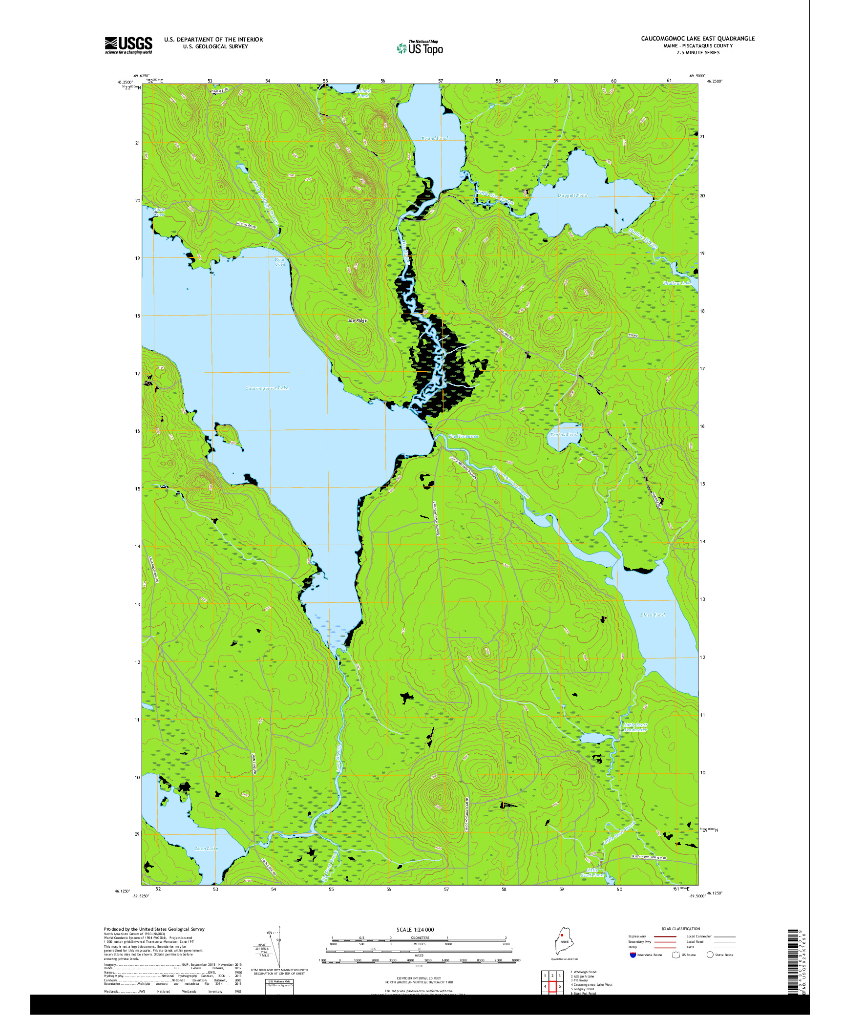 USGS US TOPO 7.5-MINUTE MAP FOR CAUCOMGOMOC LAKE EAST, ME 2018