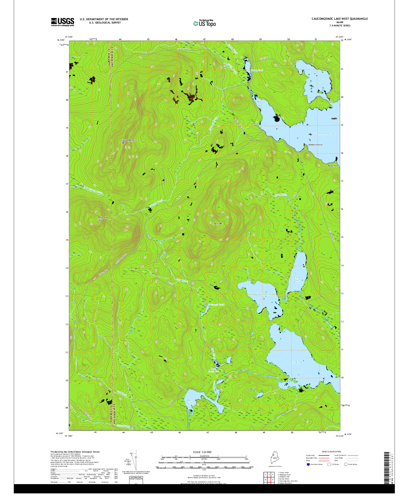 USGS US TOPO 7.5-MINUTE MAP FOR CAUCOMGOMOC LAKE WEST, ME 2018