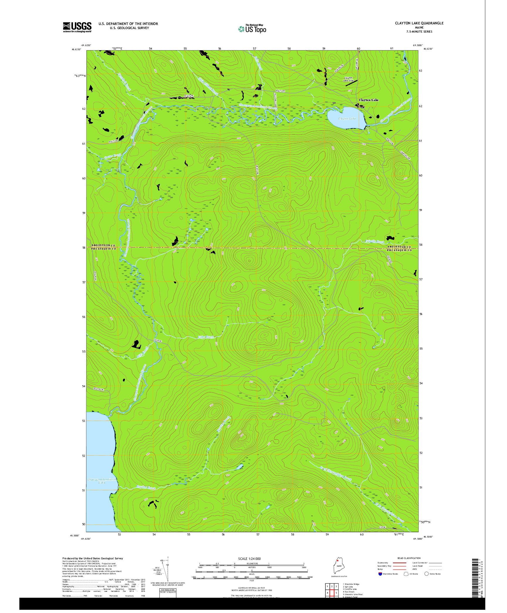 USGS US TOPO 7.5-MINUTE MAP FOR CLAYTON LAKE, ME 2018