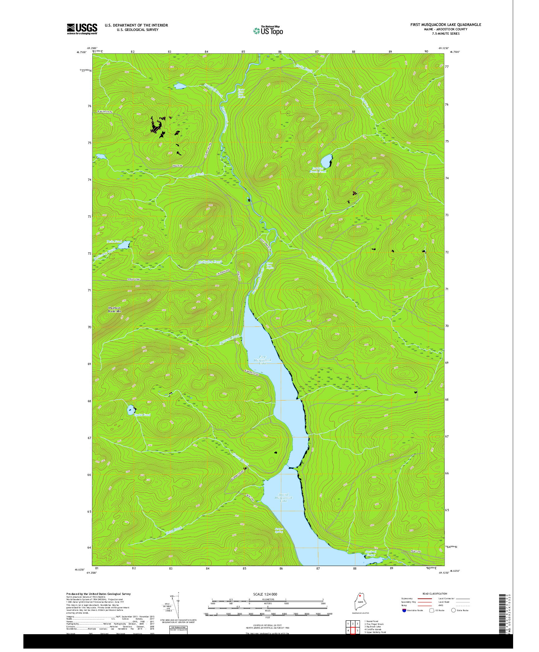 USGS US TOPO 7.5-MINUTE MAP FOR FIRST MUSQUACOOK LAKE, ME 2018