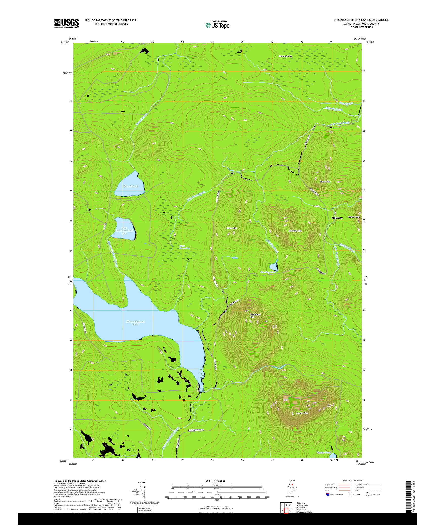 USGS US TOPO 7.5-MINUTE MAP FOR NESOWADNEHUNK LAKE, ME 2018