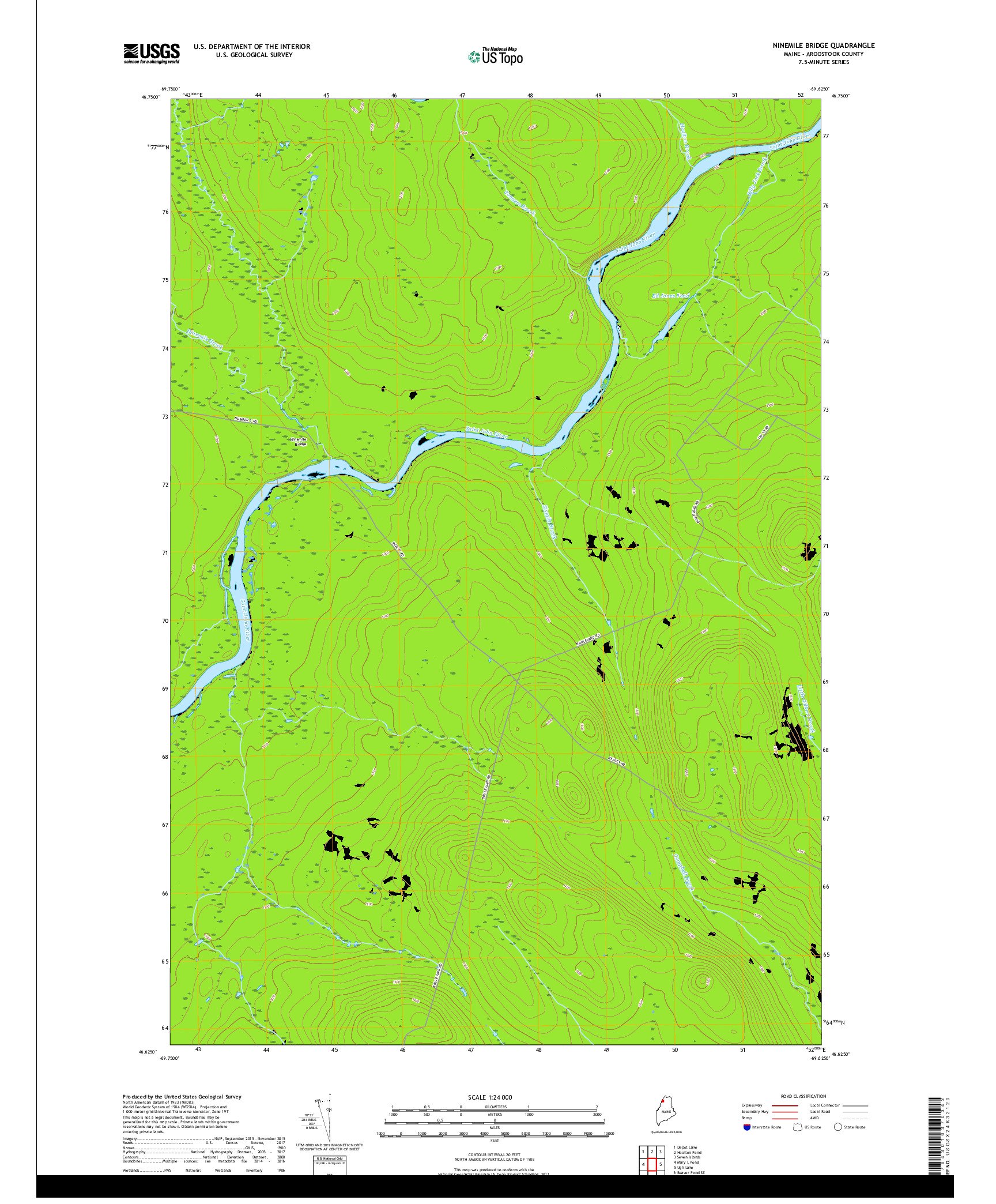 USGS US TOPO 7.5-MINUTE MAP FOR NINEMILE BRIDGE, ME 2018