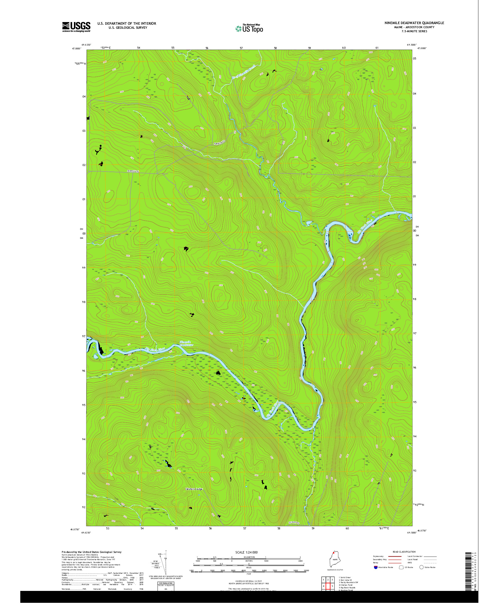 USGS US TOPO 7.5-MINUTE MAP FOR NINEMILE DEADWATER, ME 2018