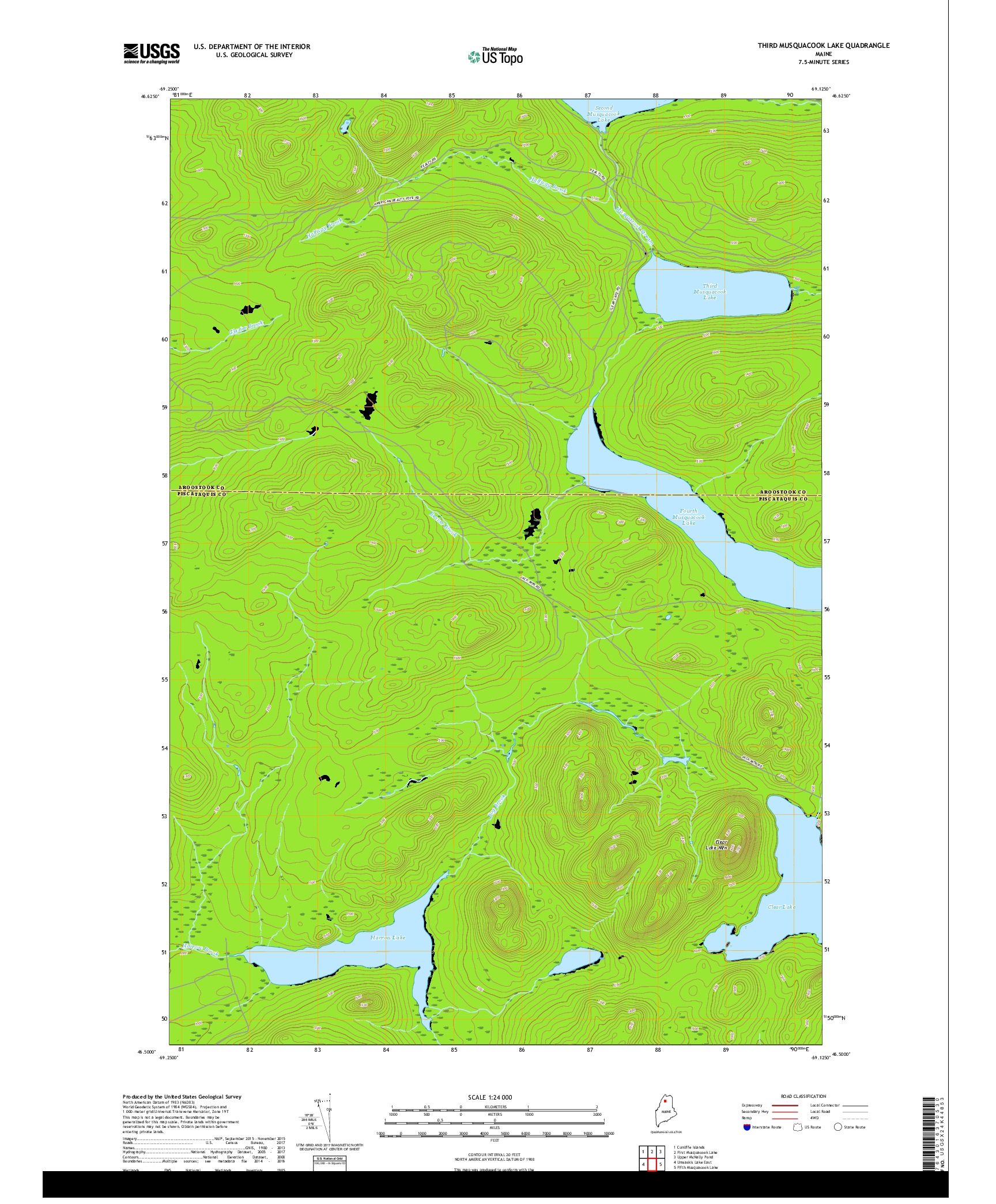USGS US TOPO 7.5-MINUTE MAP FOR THIRD MUSQUACOOK LAKE, ME 2018