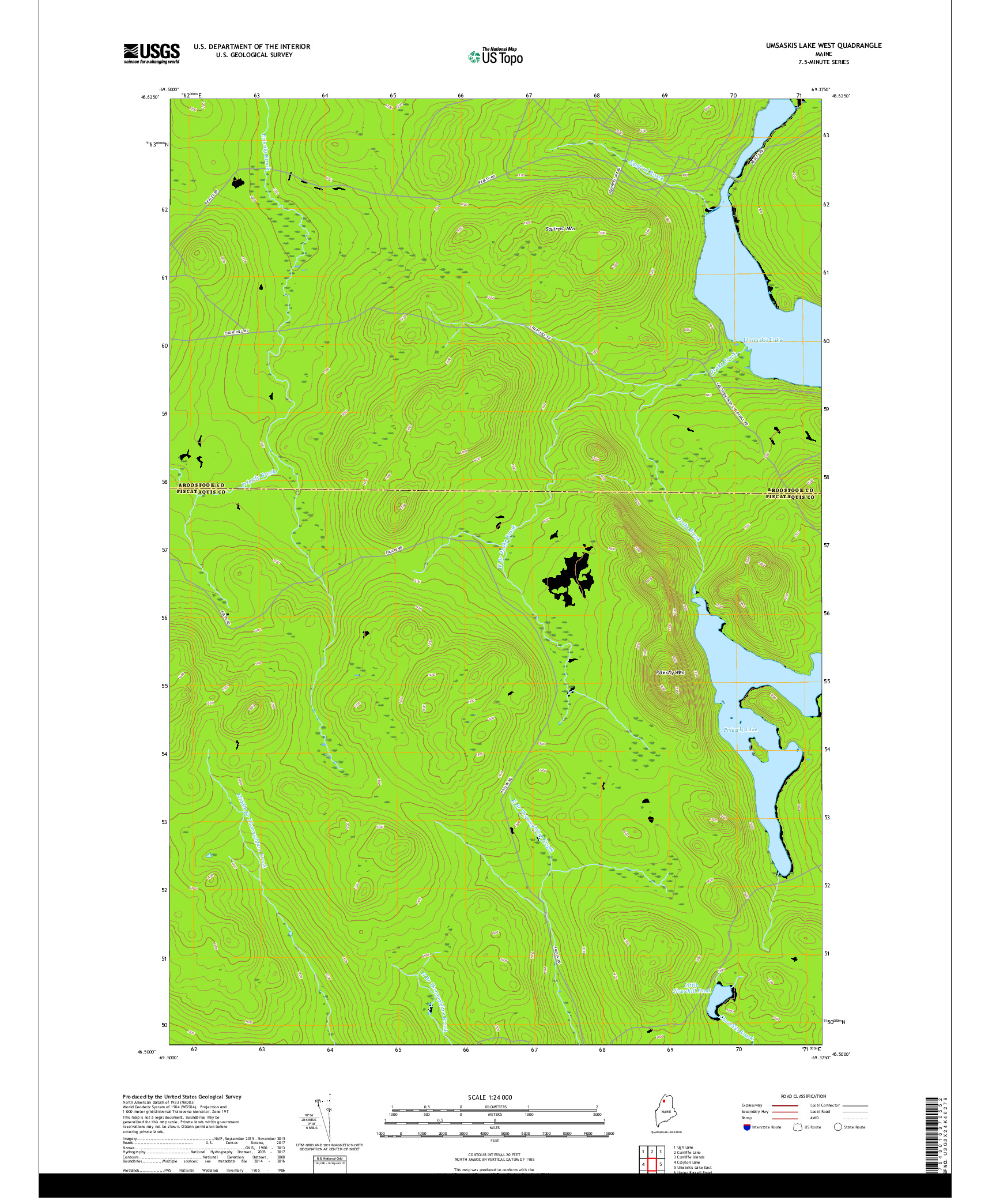 USGS US TOPO 7.5-MINUTE MAP FOR UMSASKIS LAKE WEST, ME 2018