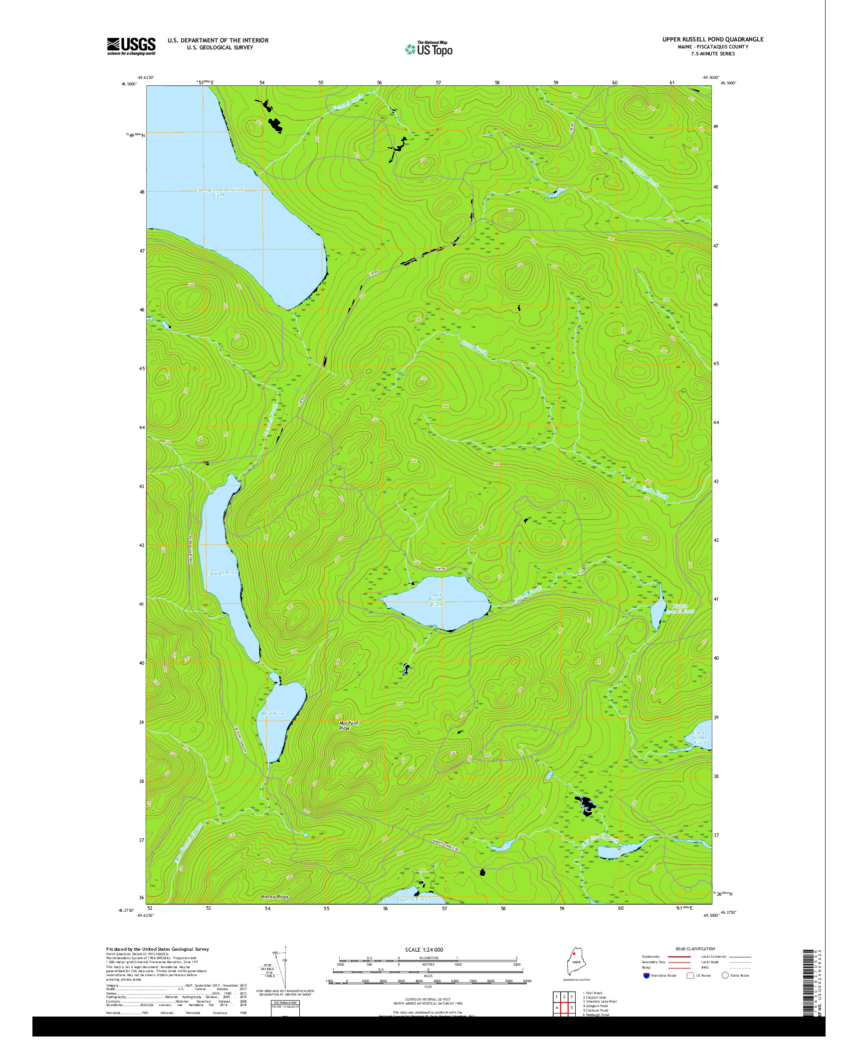 USGS US TOPO 7.5-MINUTE MAP FOR UPPER RUSSELL POND, ME 2018