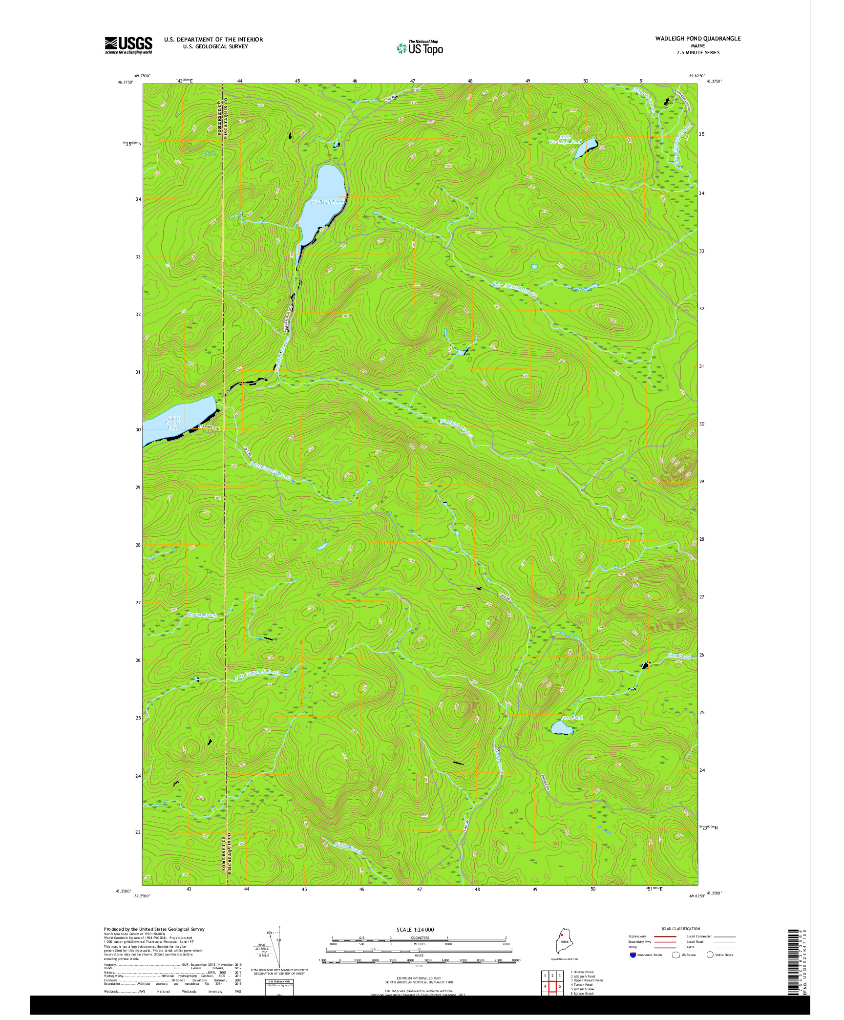 USGS US TOPO 7.5-MINUTE MAP FOR WADLEIGH POND, ME 2018