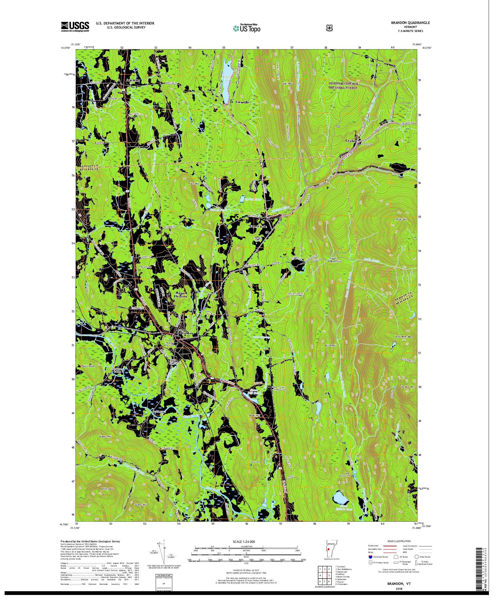 USGS US TOPO 7.5-MINUTE MAP FOR BRANDON, VT 2018