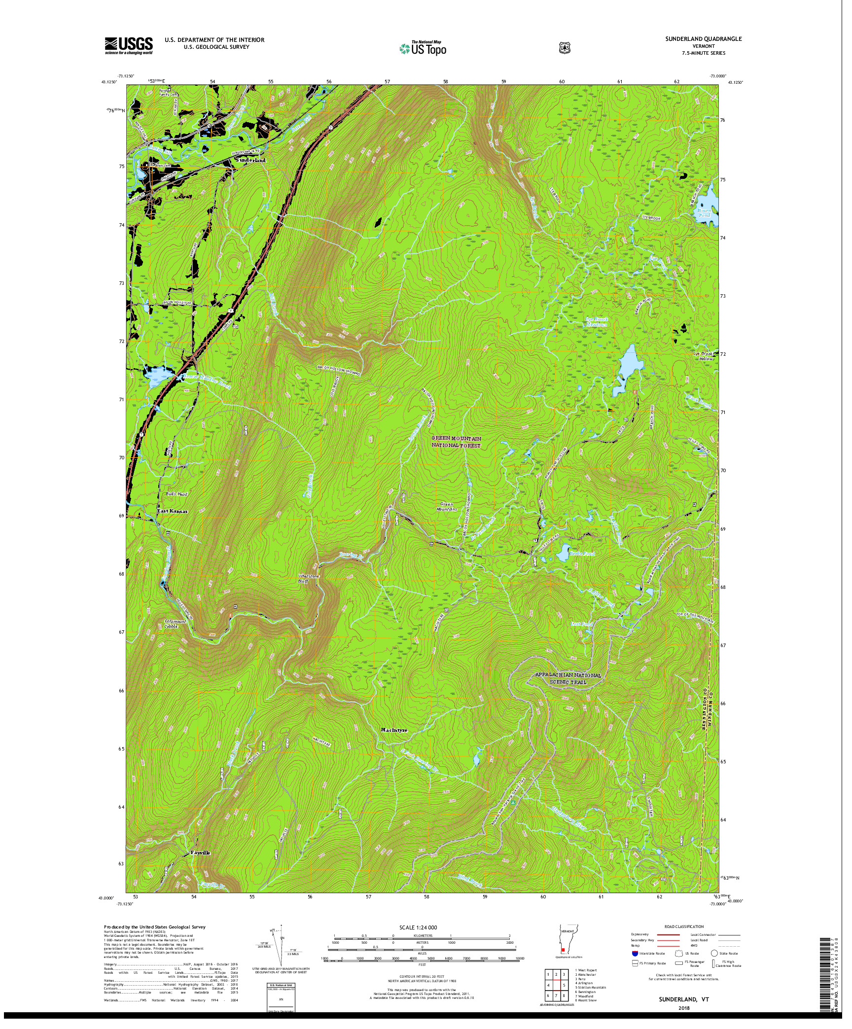 USGS US TOPO 7.5-MINUTE MAP FOR SUNDERLAND, VT 2018