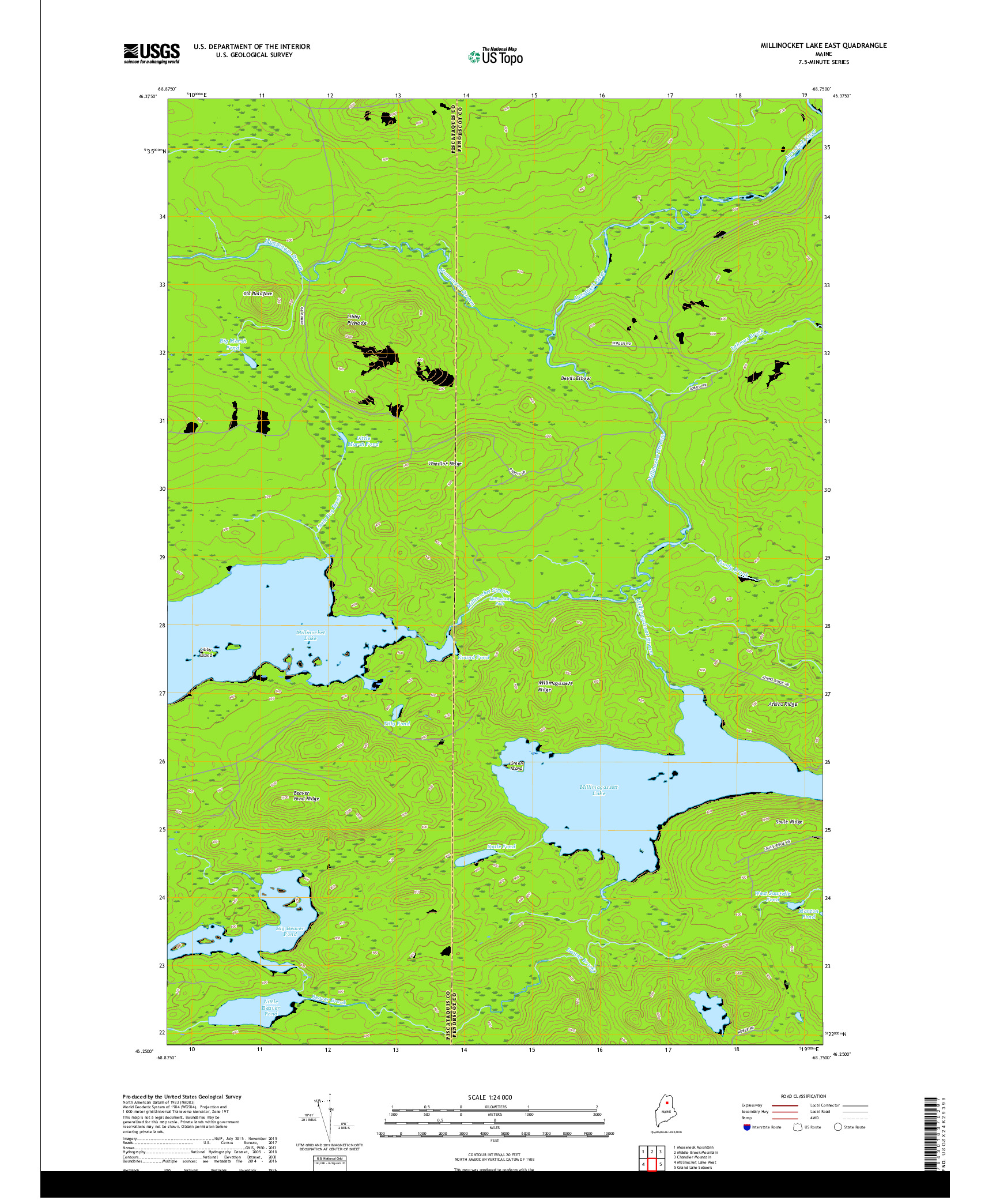 USGS US TOPO 7.5-MINUTE MAP FOR MILLINOCKET LAKE EAST, ME 2018