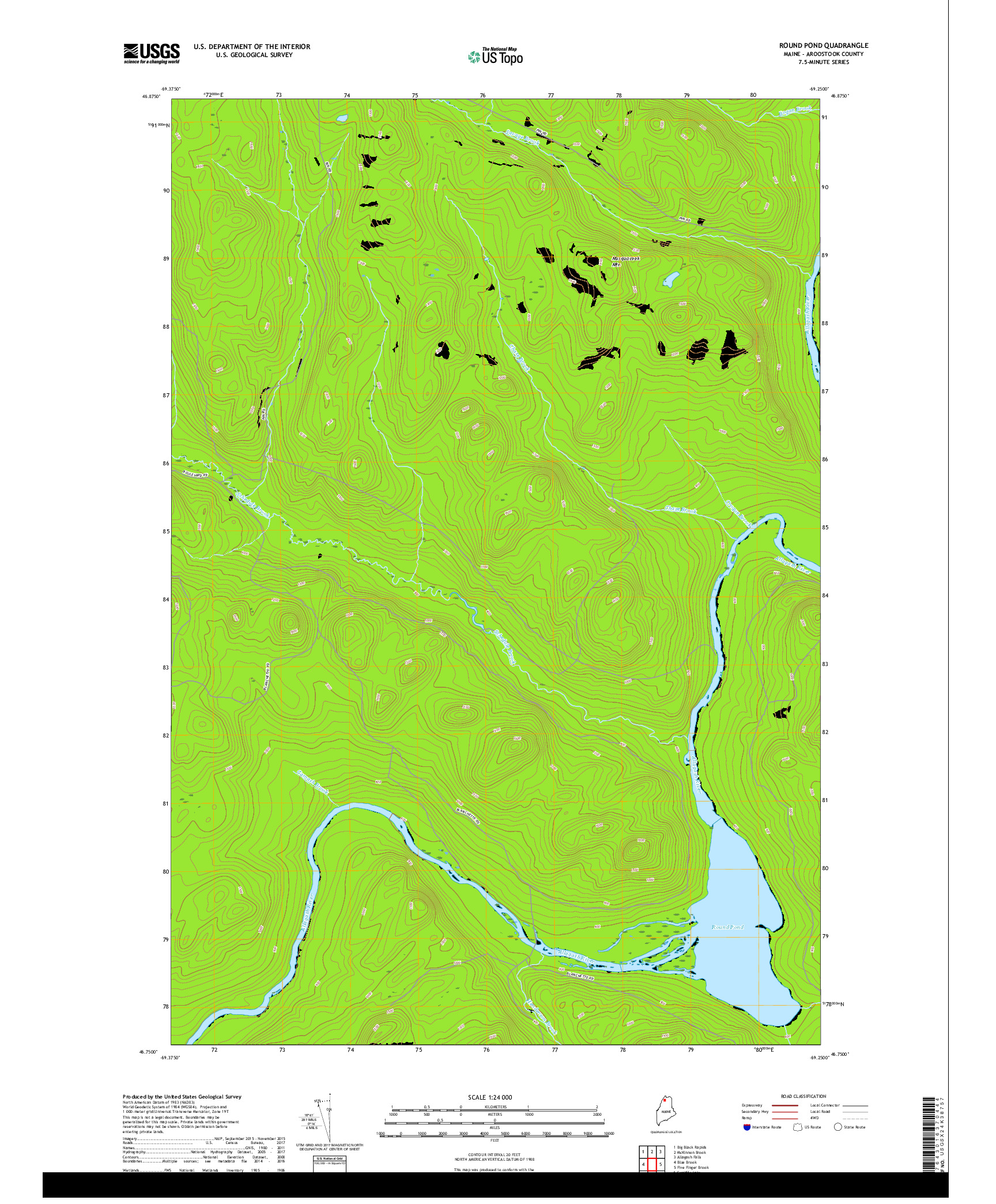 USGS US TOPO 7.5-MINUTE MAP FOR ROUND POND, ME 2018