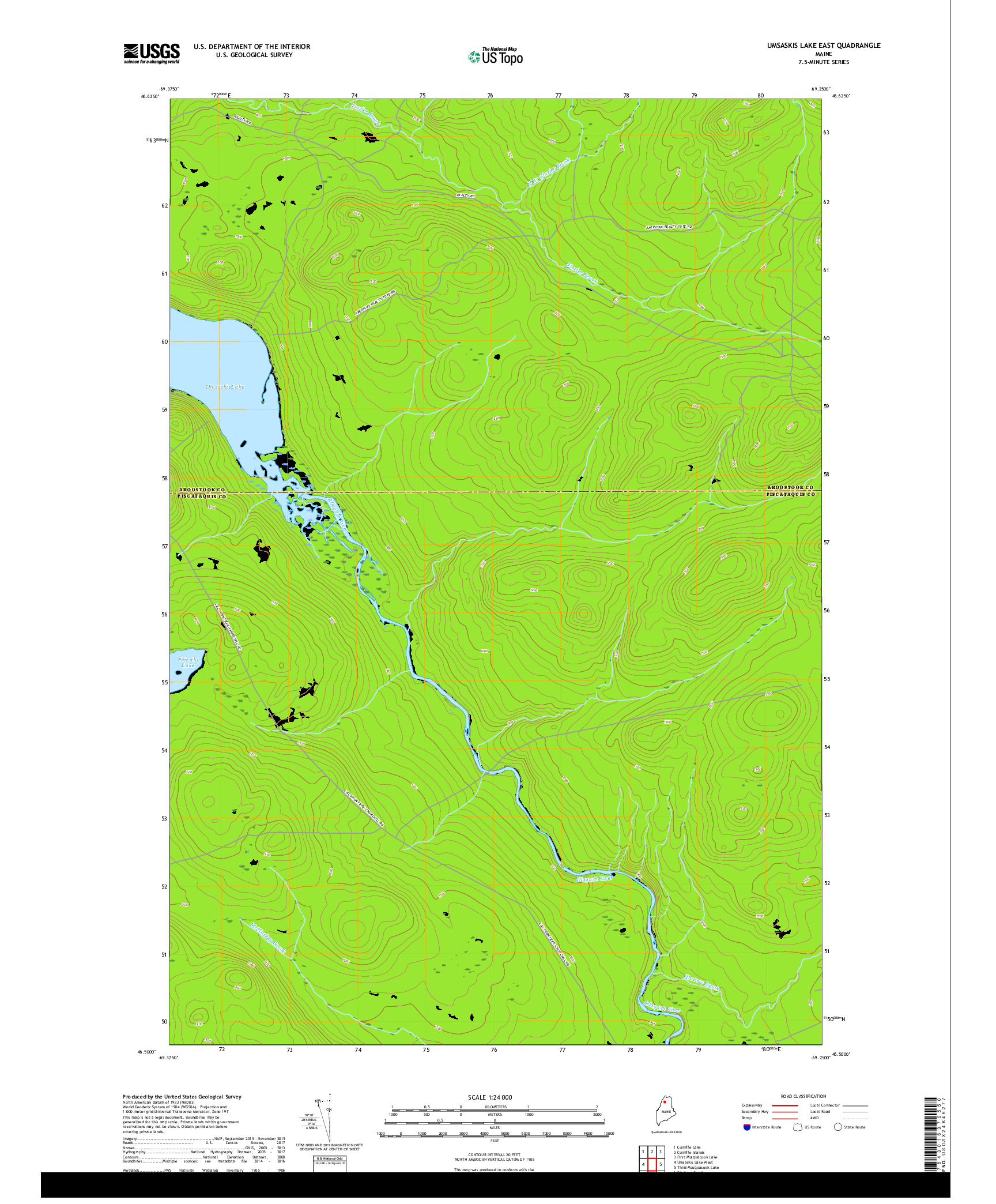 USGS US TOPO 7.5-MINUTE MAP FOR UMSASKIS LAKE EAST, ME 2018