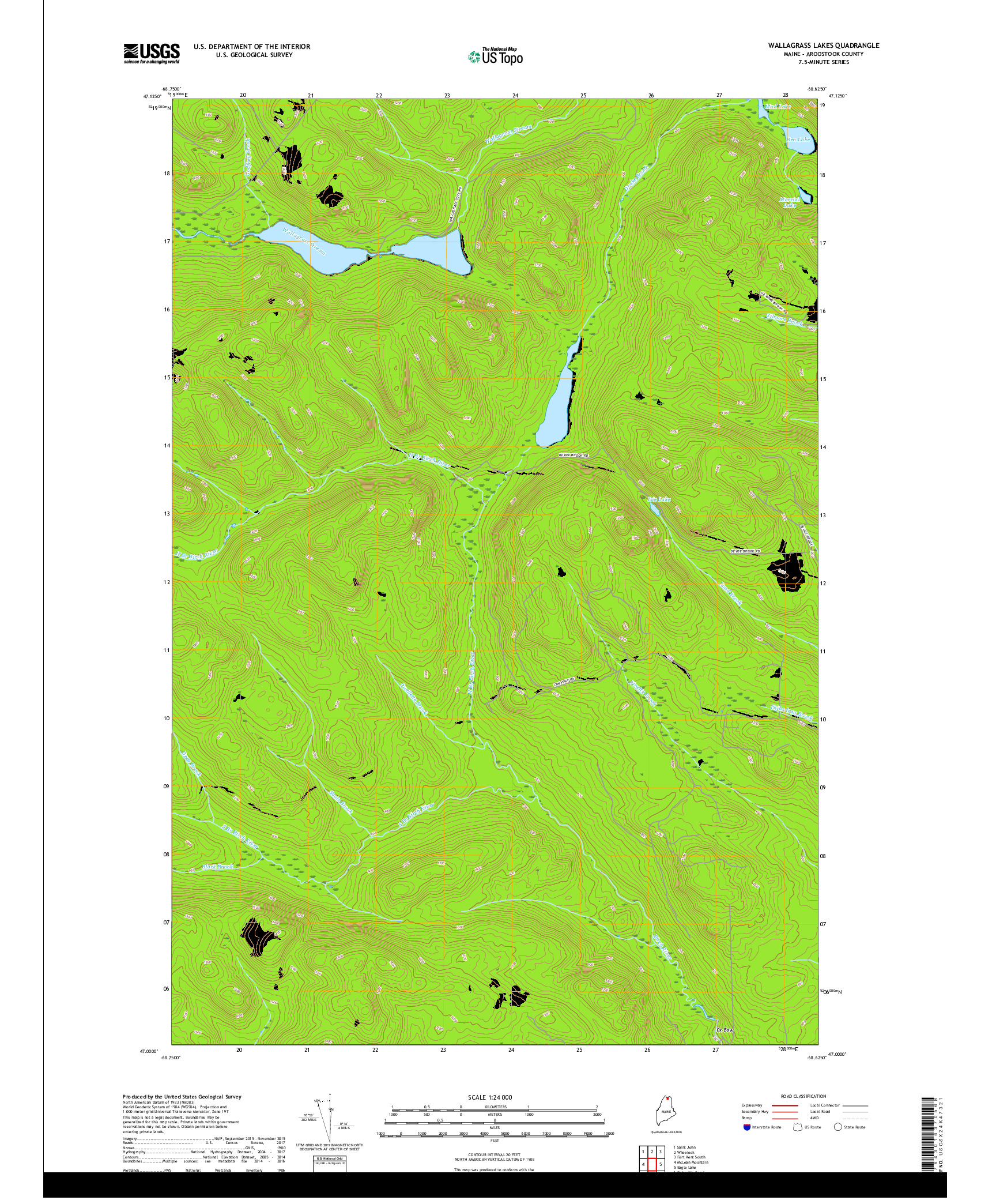USGS US TOPO 7.5-MINUTE MAP FOR WALLAGRASS LAKES, ME 2018