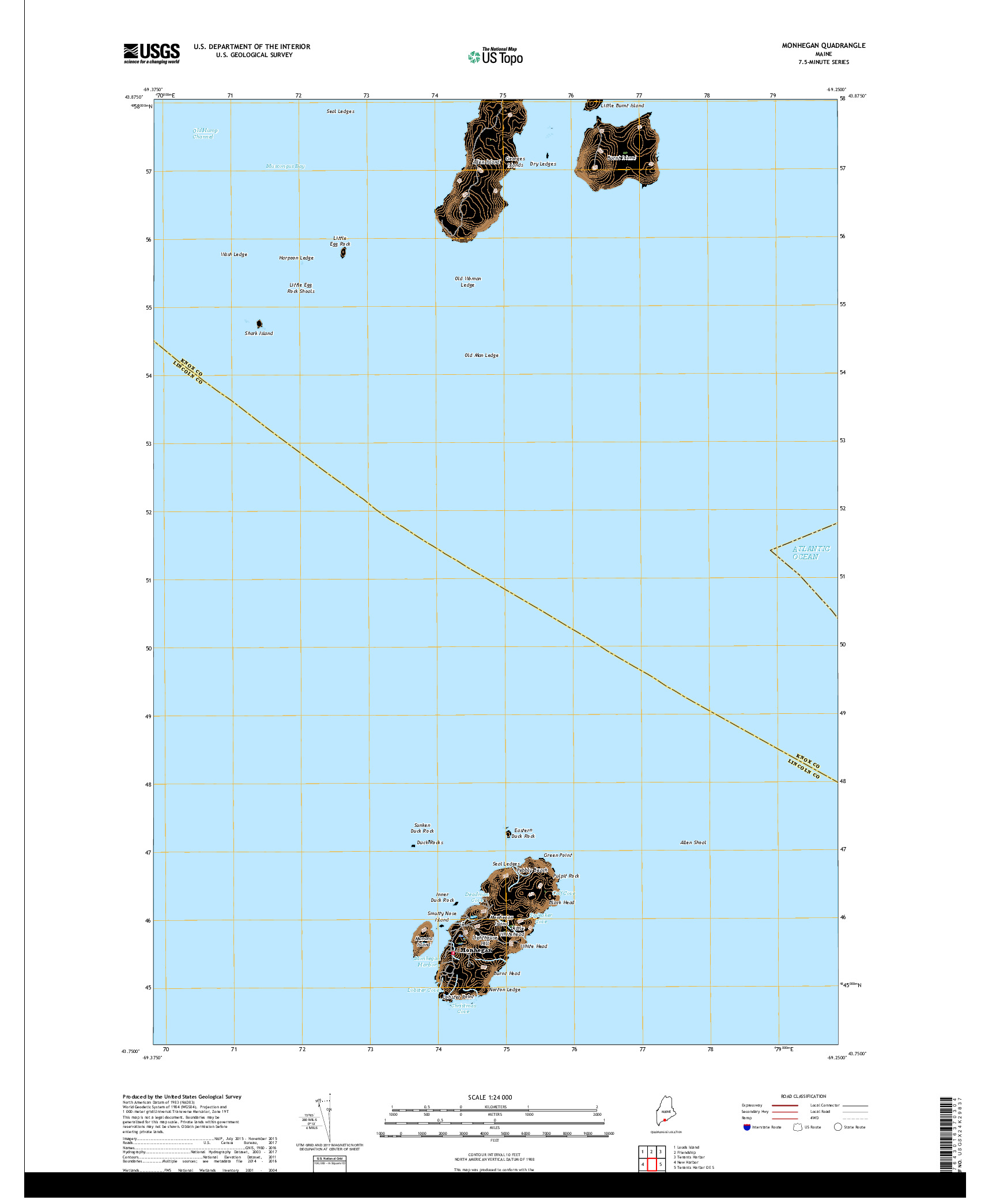 USGS US TOPO 7.5-MINUTE MAP FOR MONHEGAN, ME 2018