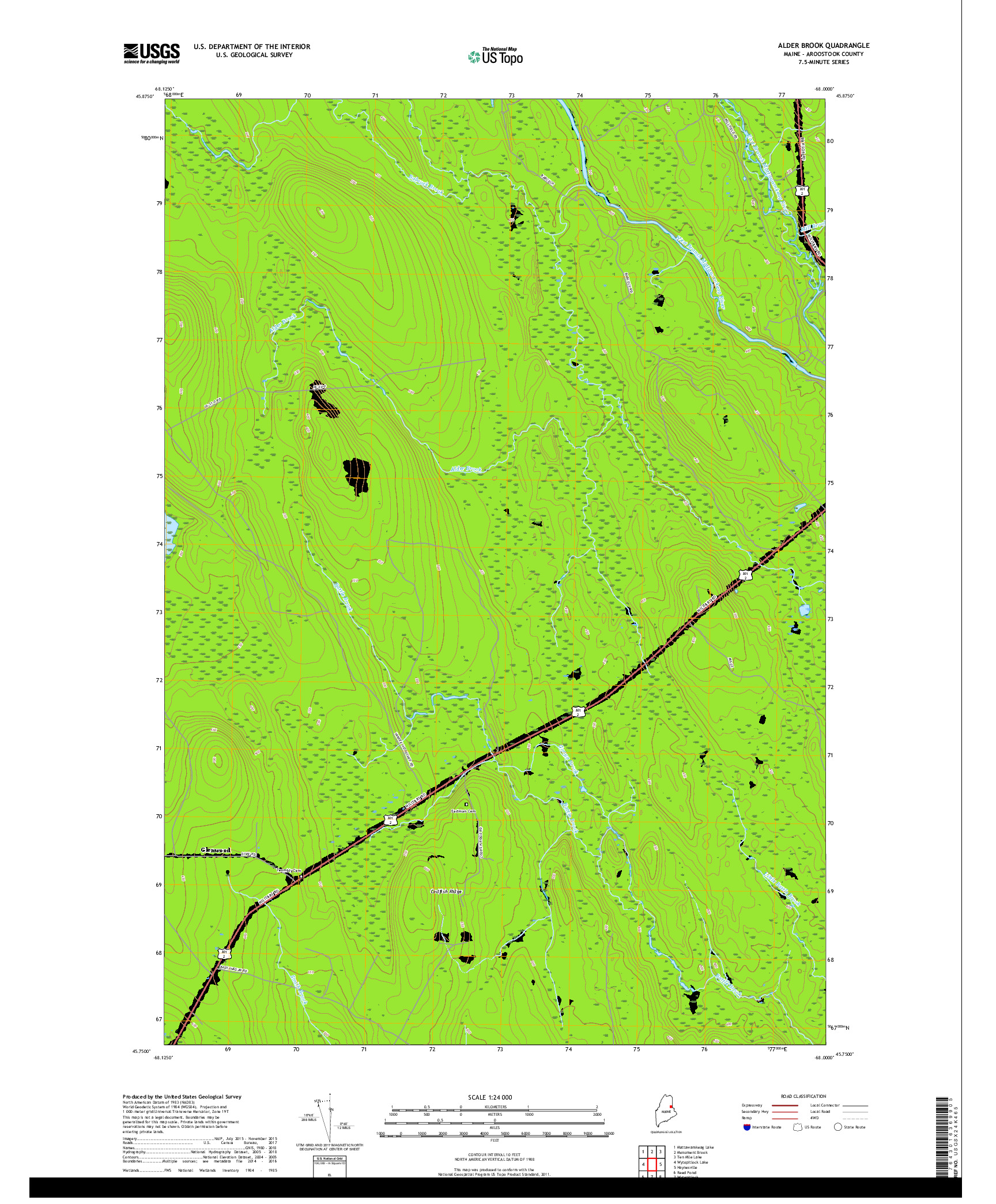 USGS US TOPO 7.5-MINUTE MAP FOR ALDER BROOK, ME 2018