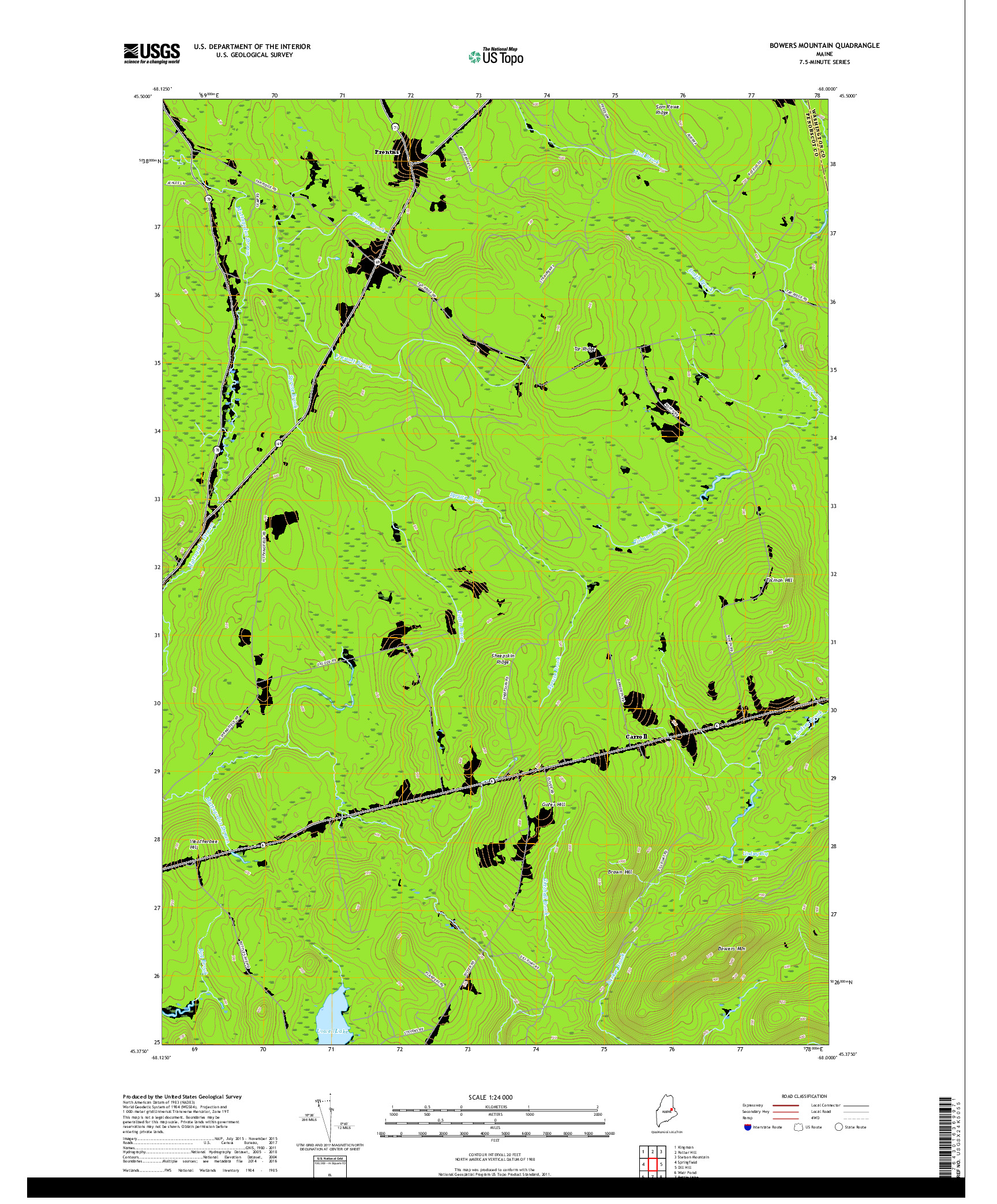 USGS US TOPO 7.5-MINUTE MAP FOR BOWERS MOUNTAIN, ME 2018