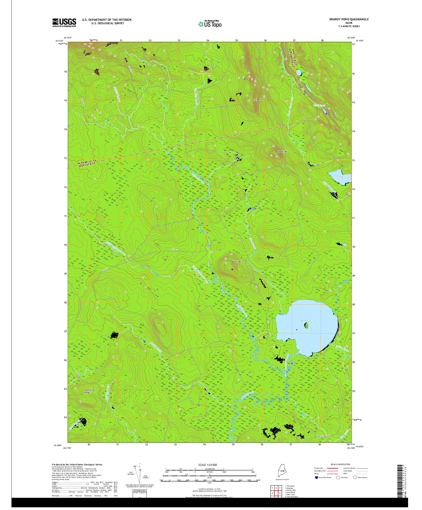 USGS US TOPO 7.5-MINUTE MAP FOR BRANDY POND, ME 2018