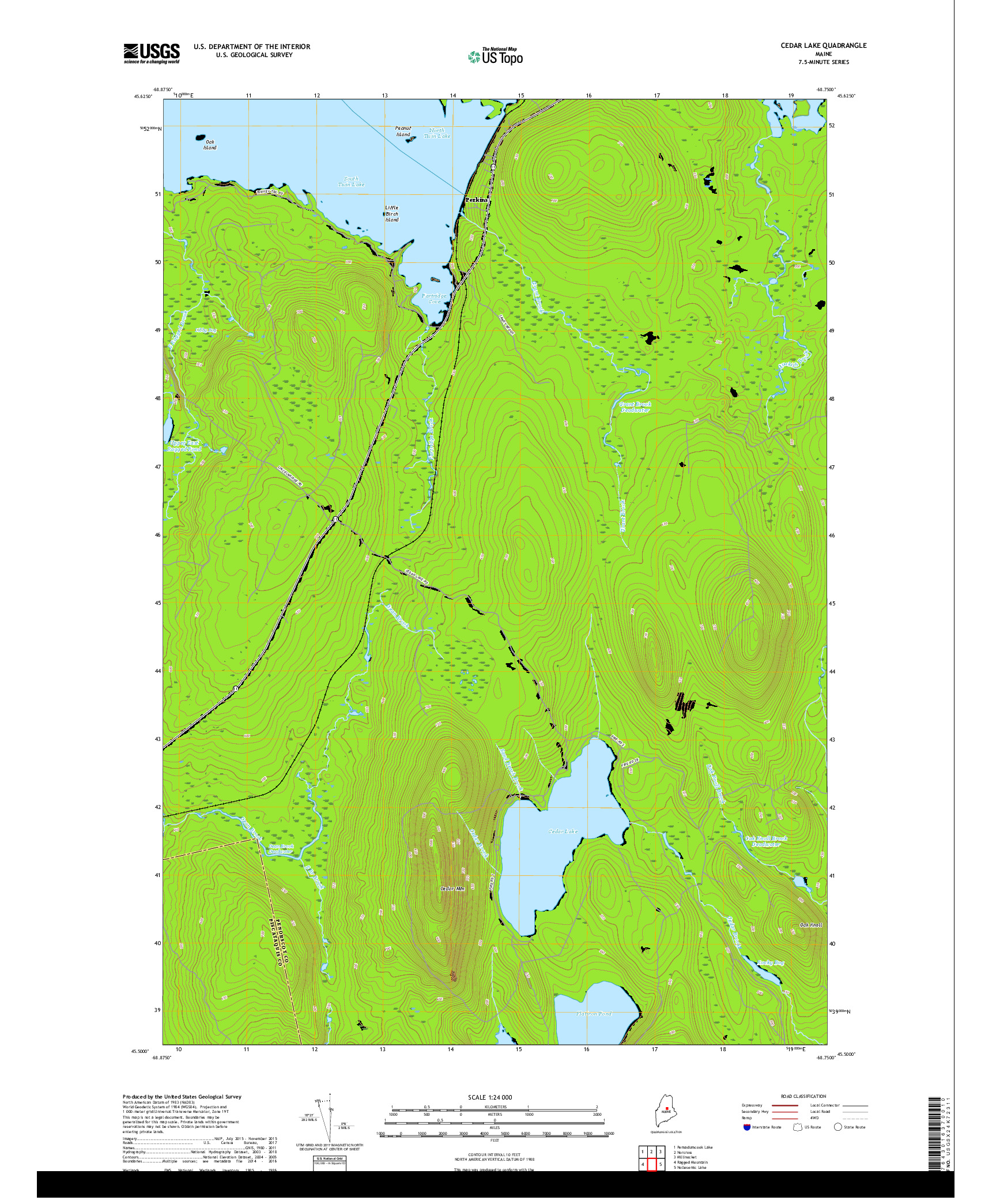 USGS US TOPO 7.5-MINUTE MAP FOR CEDAR LAKE, ME 2018